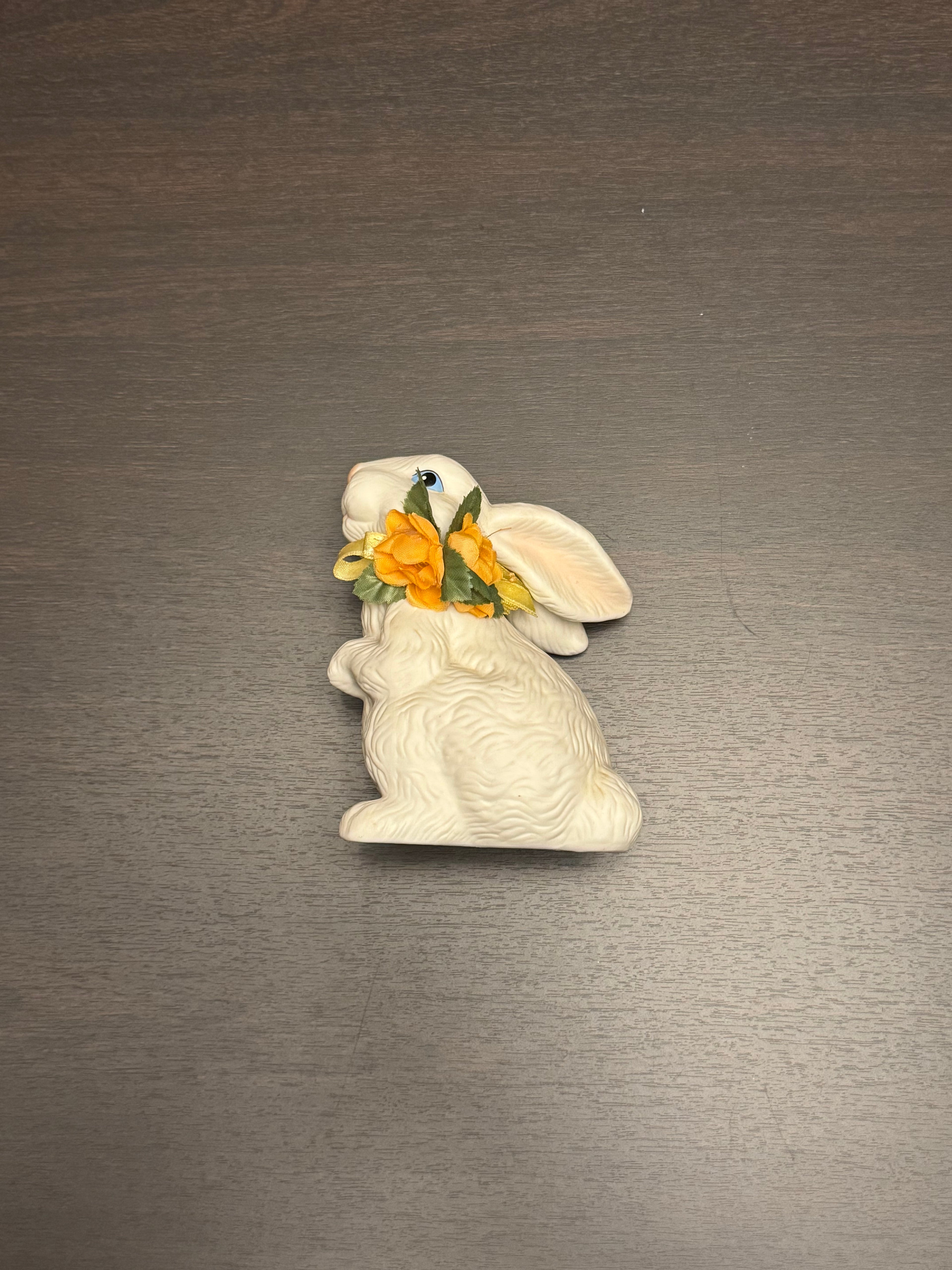 Vintage Ceramic Bunny Figurine Easter Rabbit w Flowers Spring Decor Cottagecore