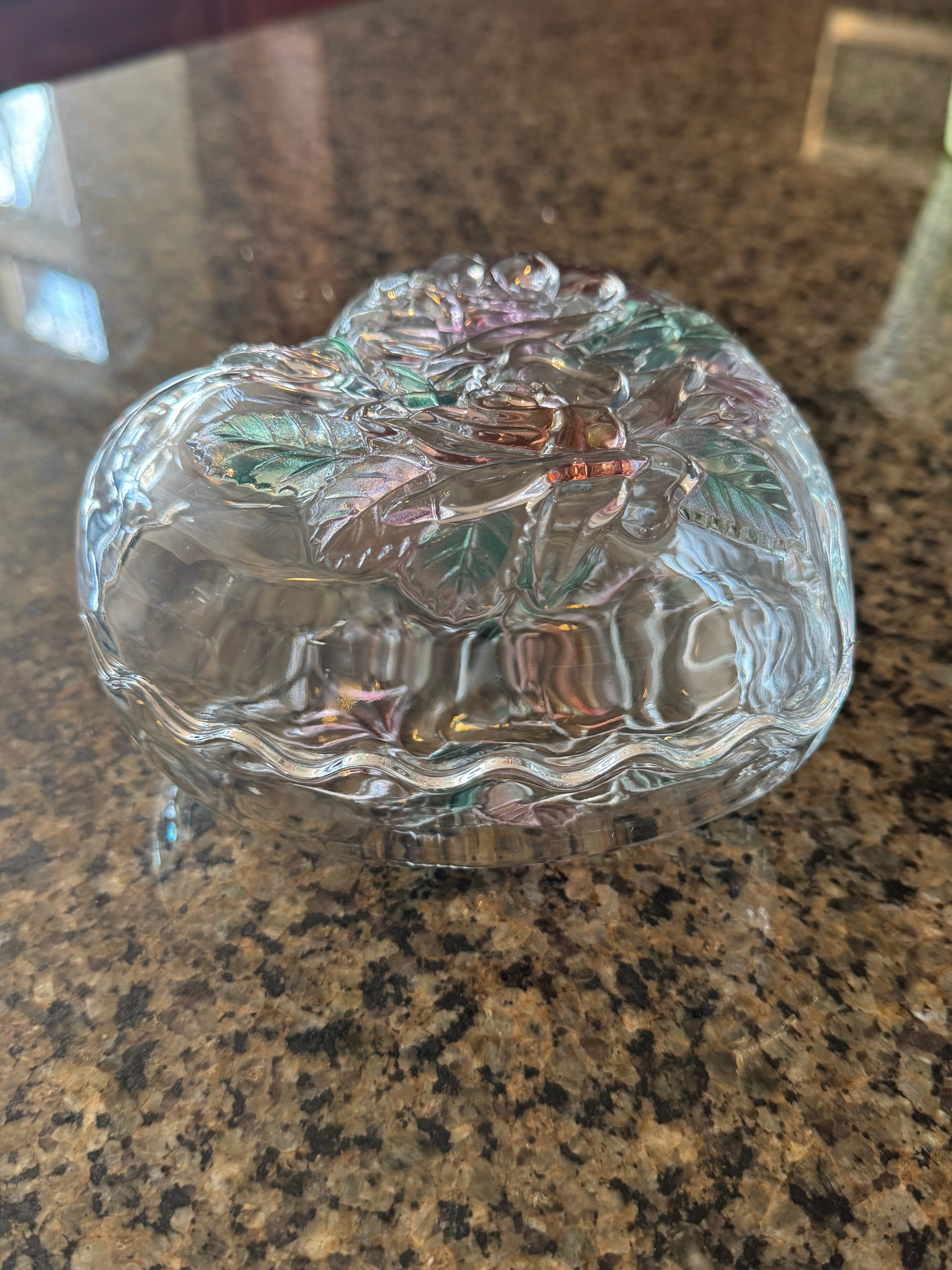 Vintage Home Beautiful Japan Heart Shaped Glass Trinket Box Floral Lid