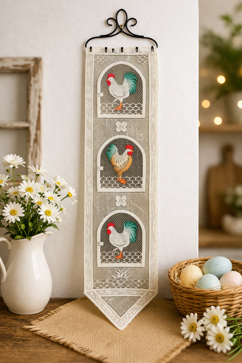 Vintage Lace Rooster Curtain Wall Hanging Farmhouse Kitchen Decor Country Panel