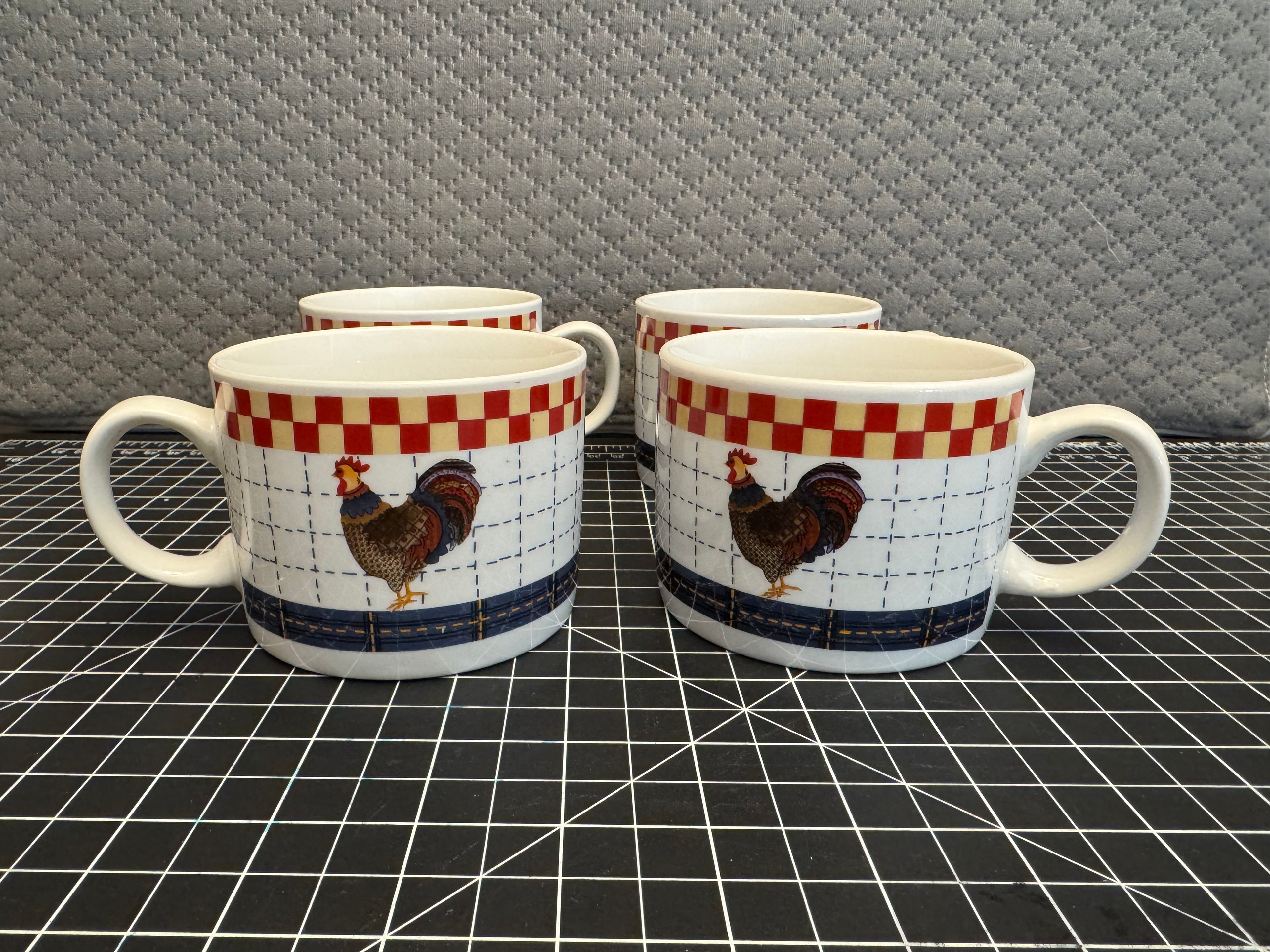 Majesticware Oneida Calico Rooster Mug Set Farmhouse Chicken Cups 4pc
