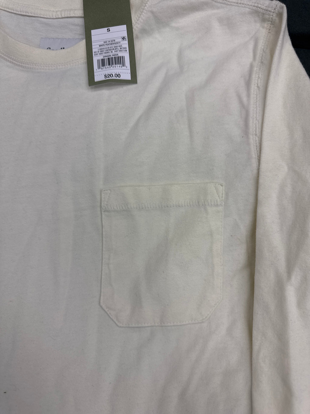 Goodfellow & Co Men’s Pocket Long Sleeve T-Shirt Small White Feather NWT Casual Cotton Tee