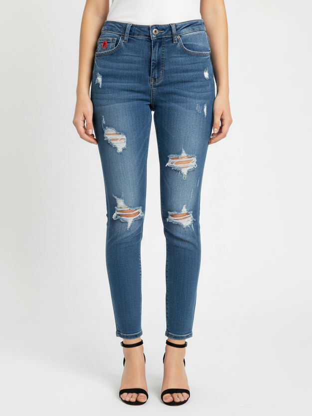 Red Jeans NYC Distressed Skinny Jeans 3/4 Stretch Denim 29 Inseam
