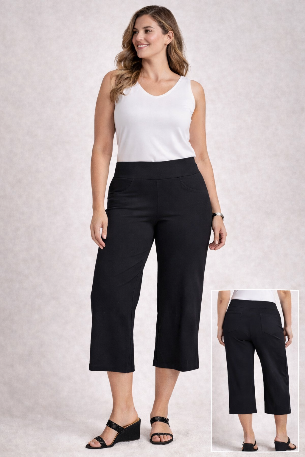Ruby Rd Size 12 Black Pull On Crop Pants Slimming Waistband Stretch Wide Leg NWT