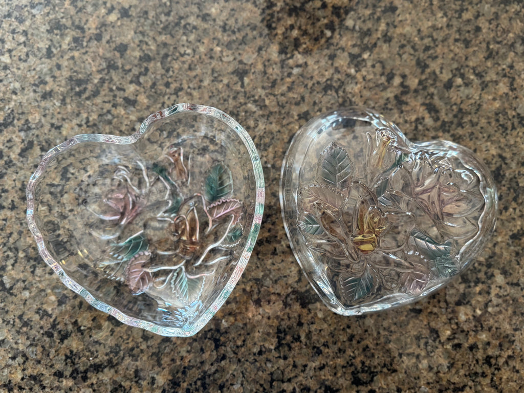 Vintage Home Beautiful Japan Heart Shaped Glass Trinket Box Floral Lid