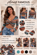 Almost Famous Women’s L Twist Front Crop Top NWT Two Way Teal Brown Stripe