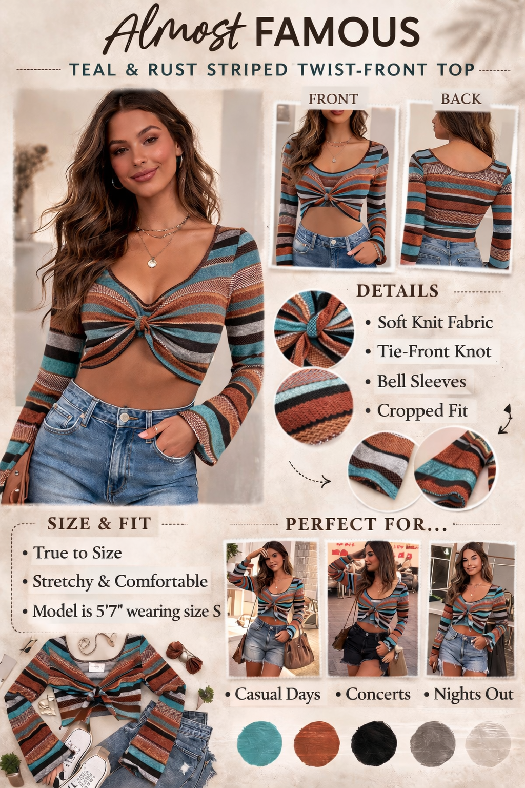 Almost Famous Women’s L Twist Front Crop Top NWT Two Way Teal Brown Stripe