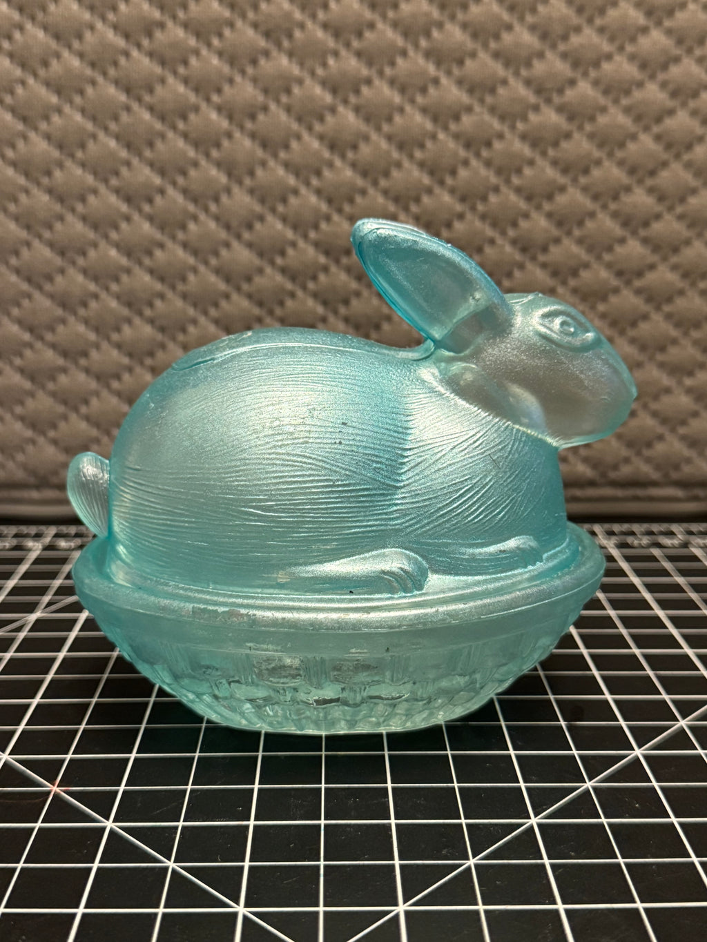 Aqua Glass Bunny on Nest Covered Dish Easter Rabbit Candy Dish Vintage Style