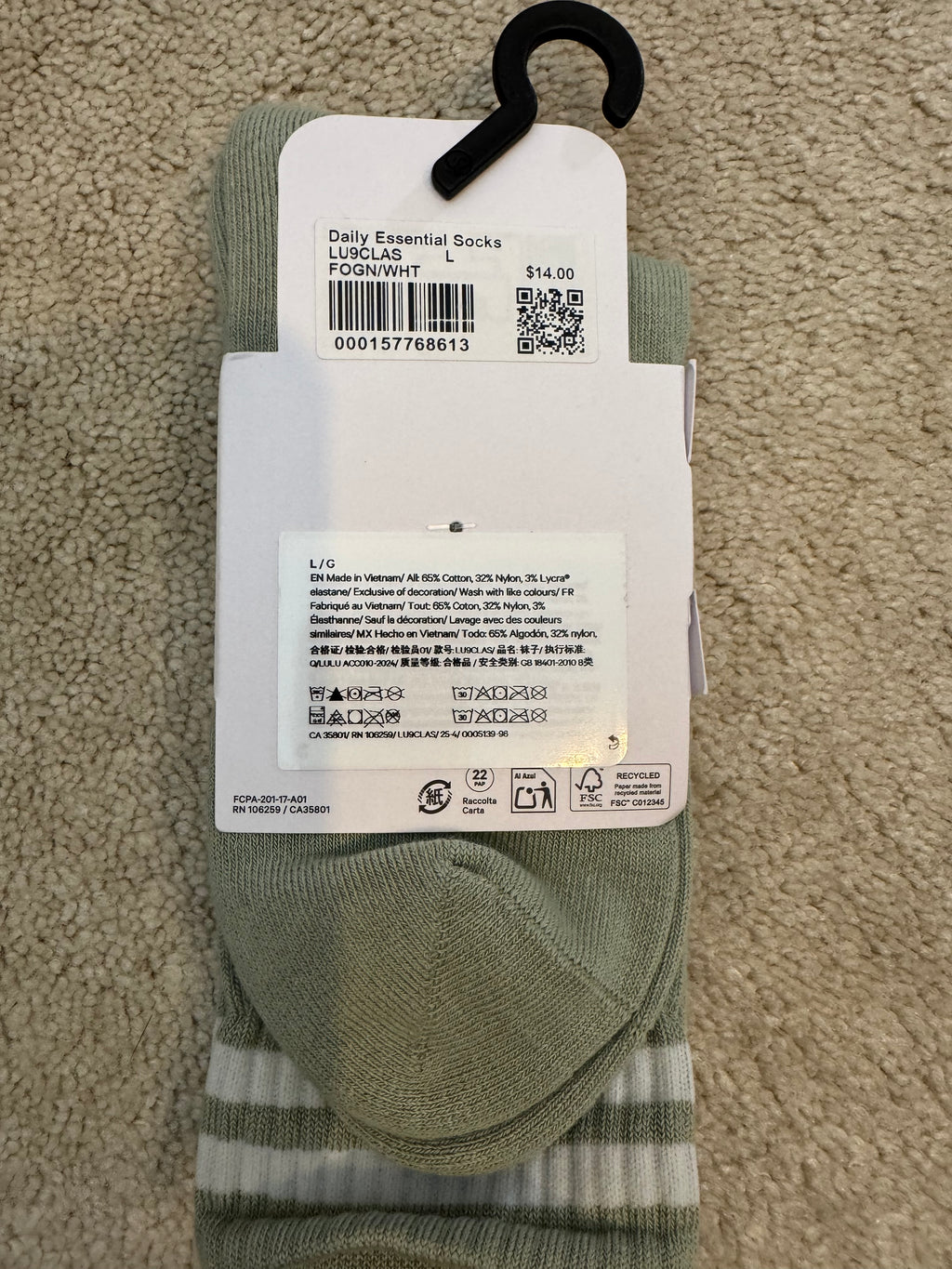 Lululemon Daily Essential Crew Socks L Fog Green Stripe Rare NWT