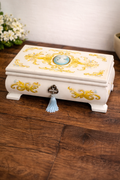 Vintage Style Jewelry Box w Mirror Drawer Cameo Lid Blue Velvet Storage