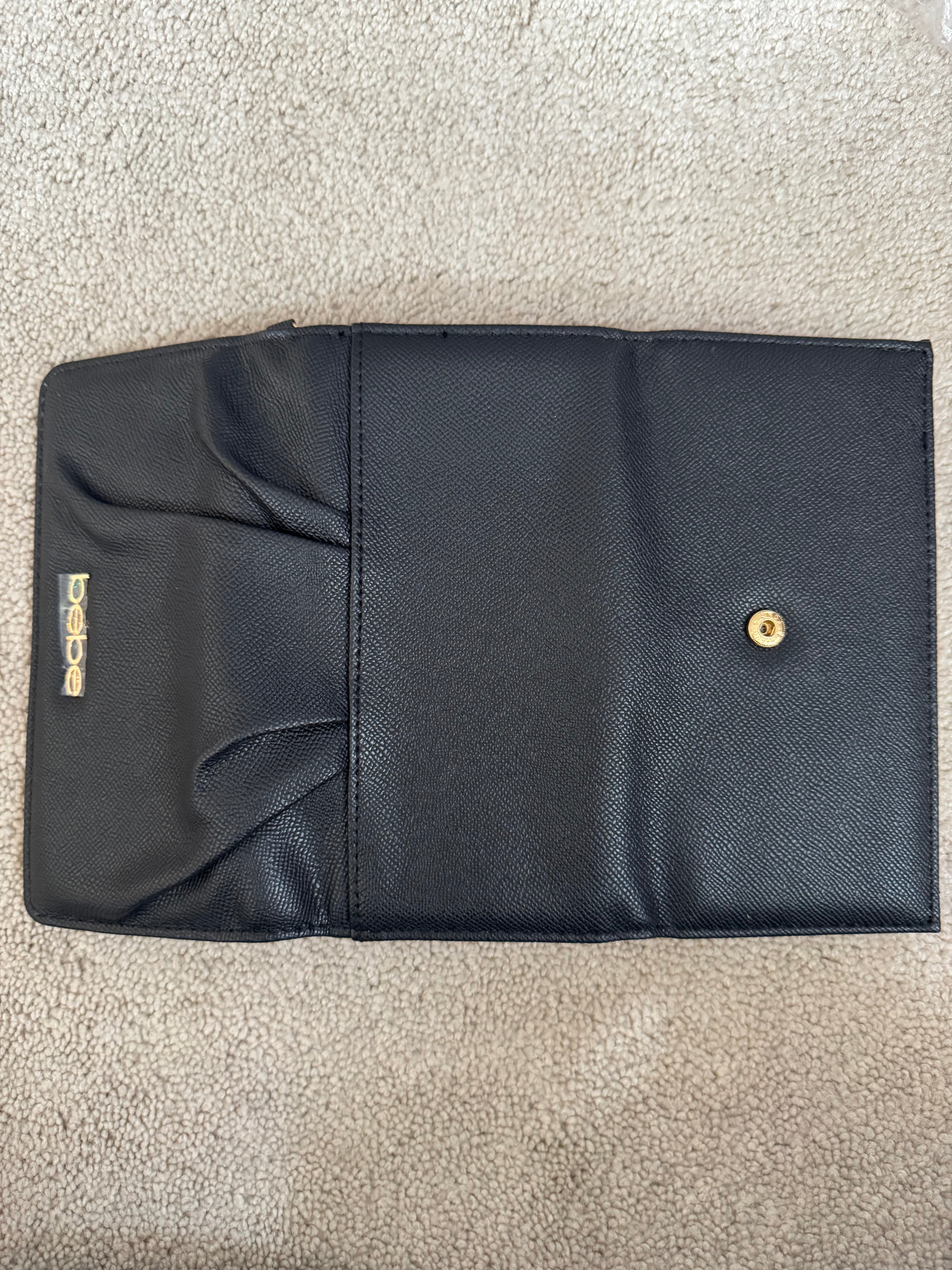Bebe Black Foldover Wallet Clutch Gold Logo NWT $59 Retail
