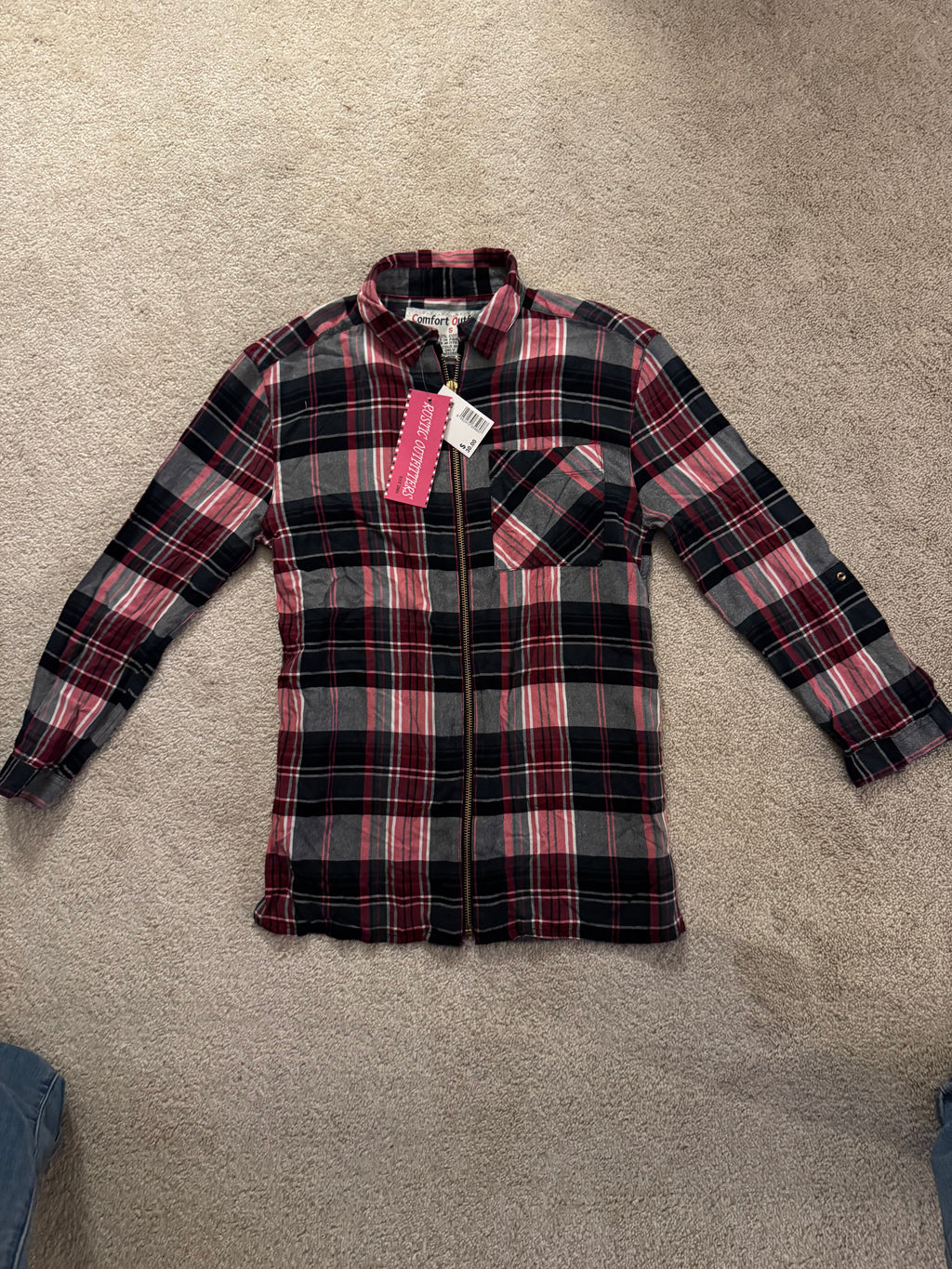 Comfort Outfitters Plaid Zip Front Shirt Jacket Women’s Small Red Navy Flannel NWT