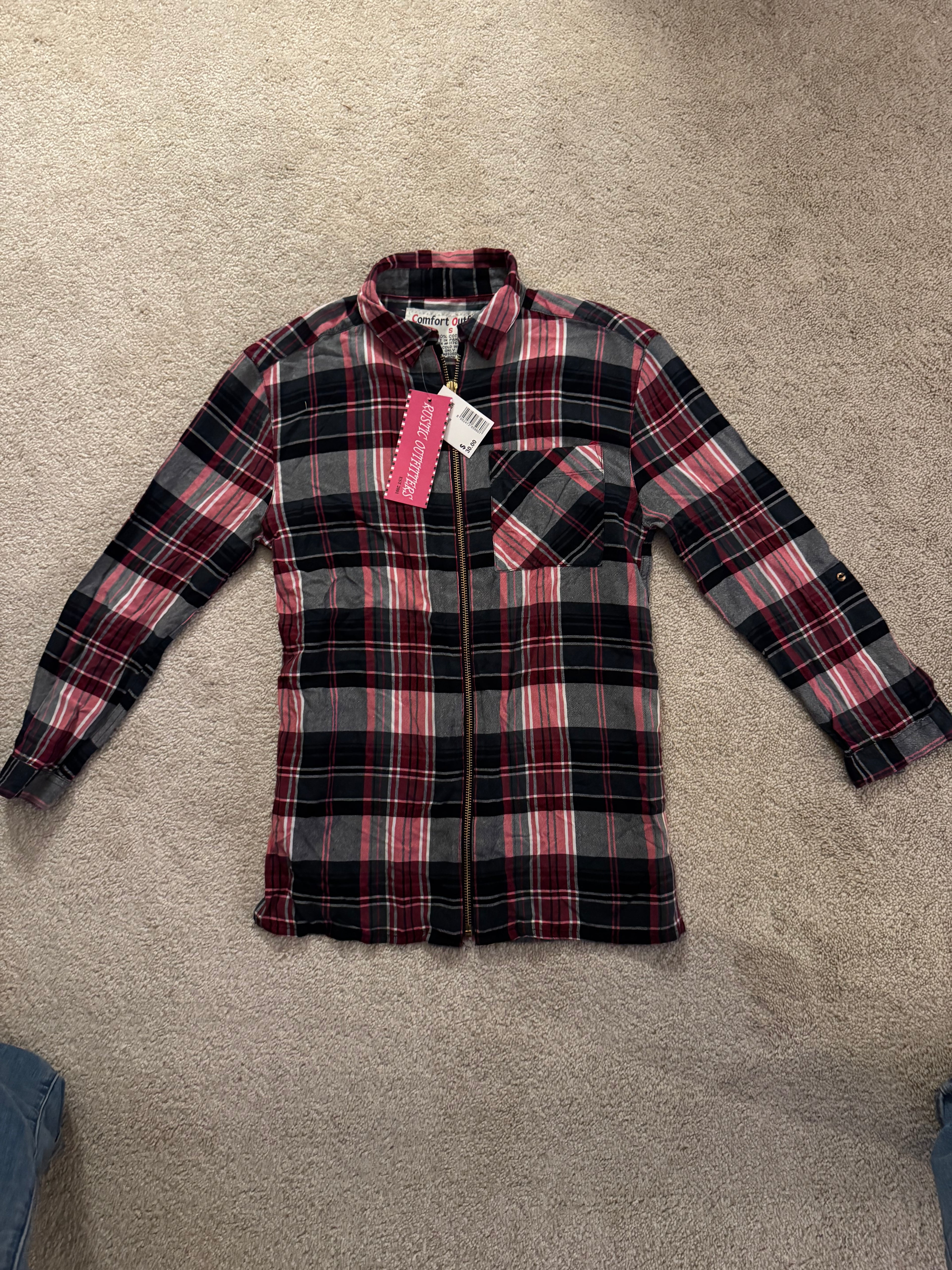 Comfort Outfitters Plaid Zip Front Shirt Jacket Women’s Small Red Navy Flannel NWT