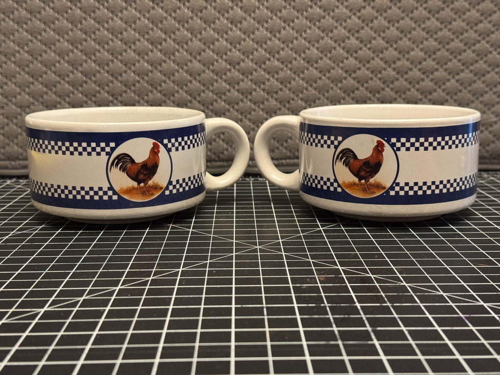 Set of 2 Houston Harvest Rooster Soup Bowls Mugs Blue Check Farmhouse Country