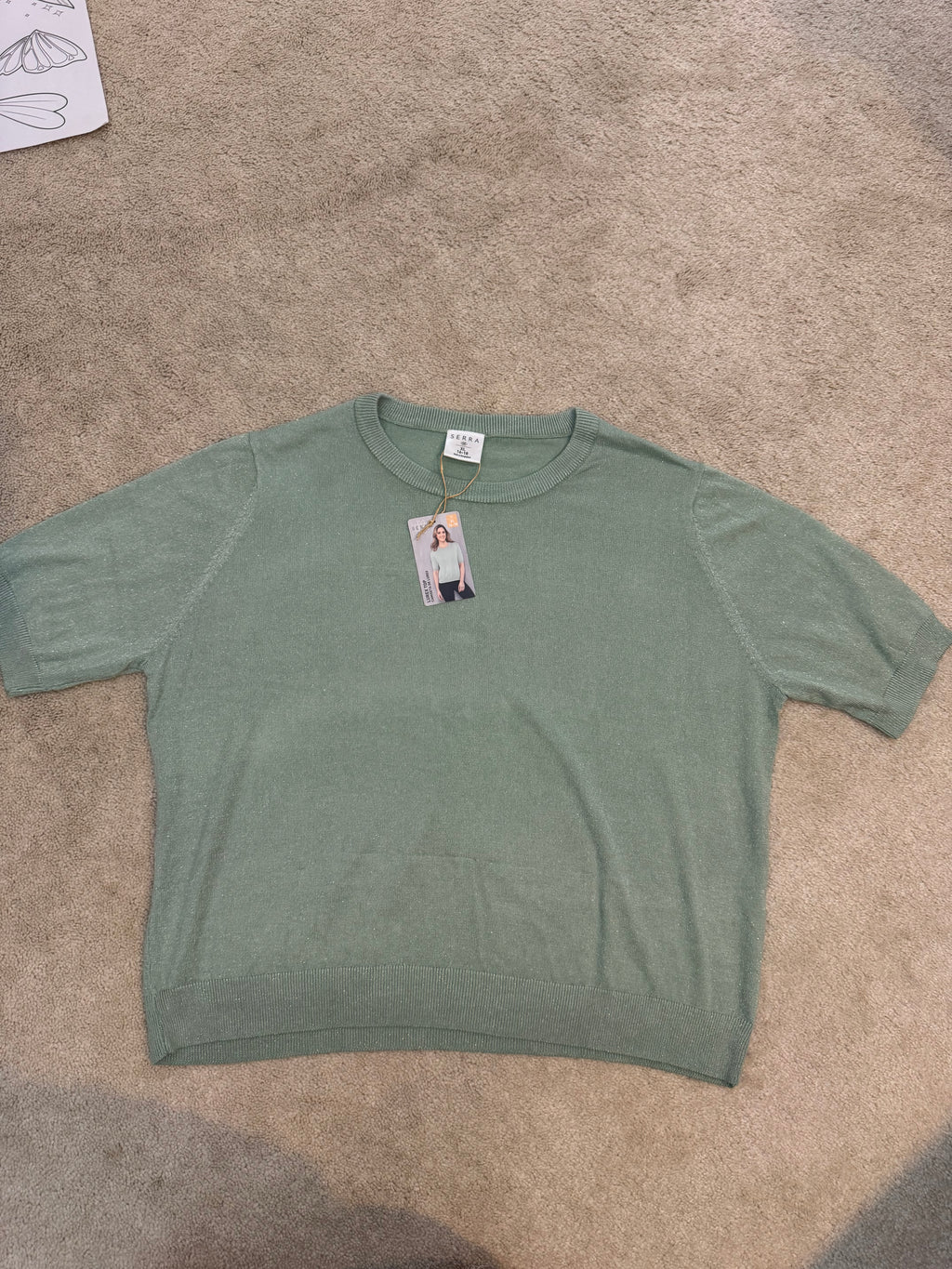 Serra Womens XL 16-18 Sage Green Shimmer Knit Sweater Top NWT Short Sleeve