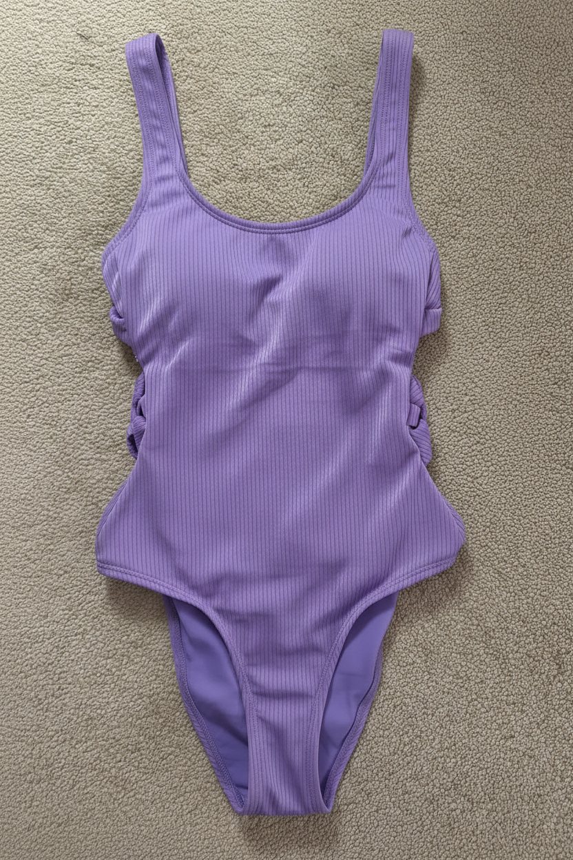 No Boundaries Lavender Ribbed Cutout One Piece Swimsuit S NWT