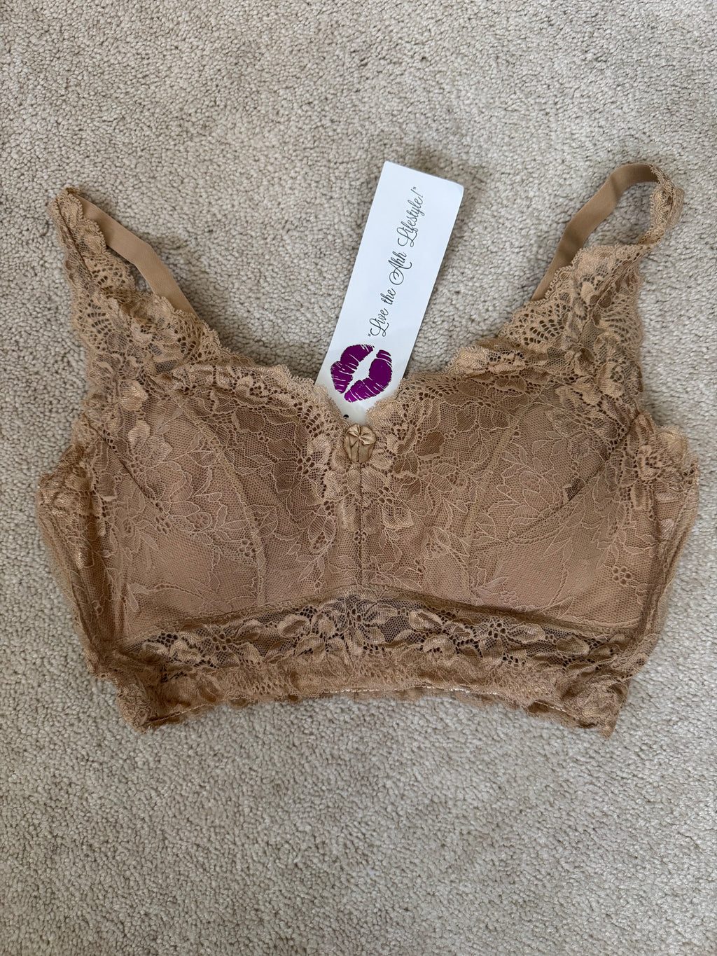 Rhonda Shear Beige Lace Bralette L Floral Longline Wireless Bra