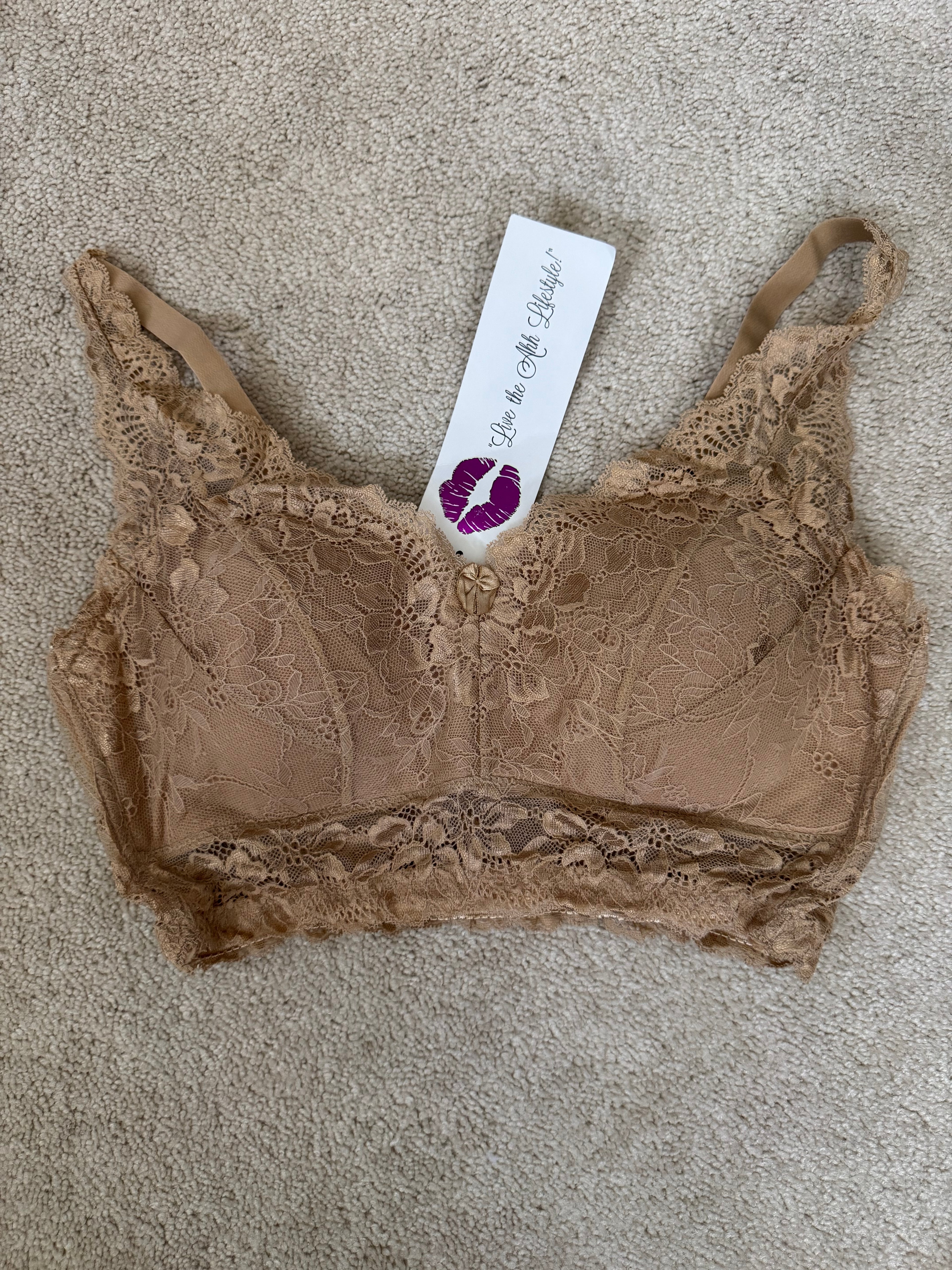 Rhonda Shear Beige Lace Bralette L Floral Longline Wireless Bra