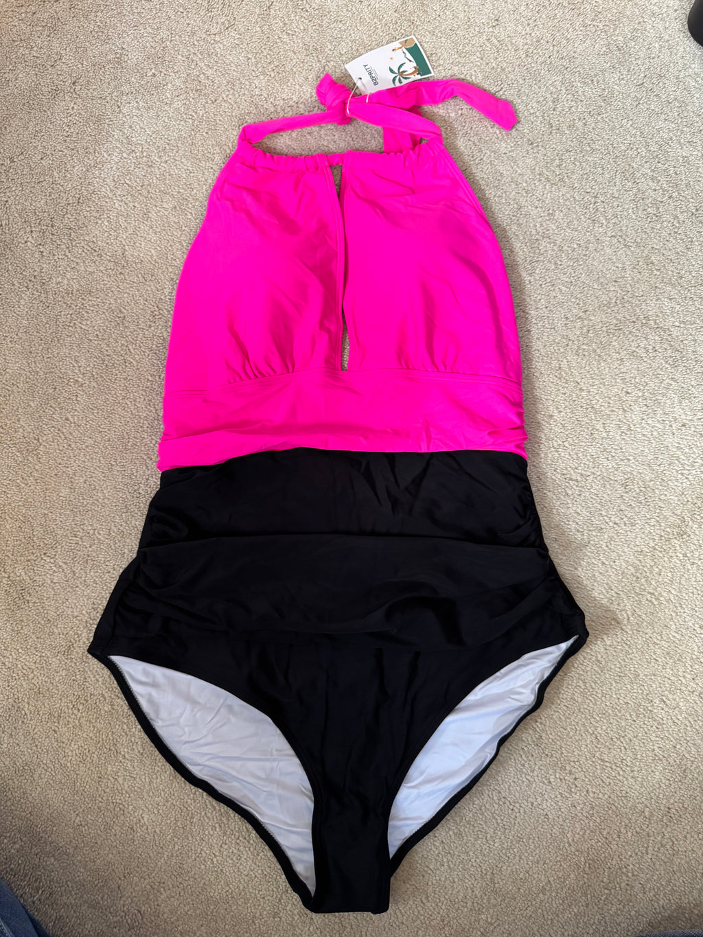 B2Prity Pink Black Halter One Piece Swimsuit XL Tummy Control