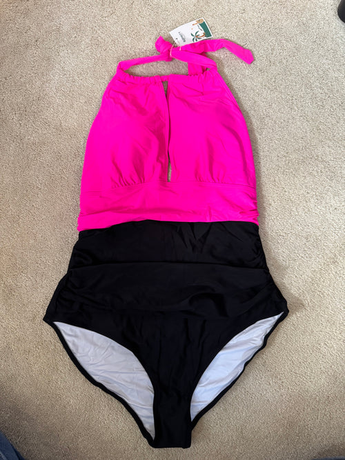 B2Prity Pink Black Halter One Piece Swimsuit XL Tummy Control