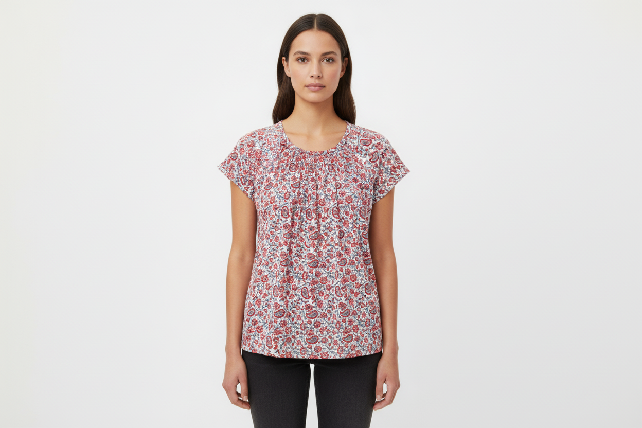 Style & Co Women’s Medium Floral Paisley Pleated Neck Short Sleeve Blouse Red Blue