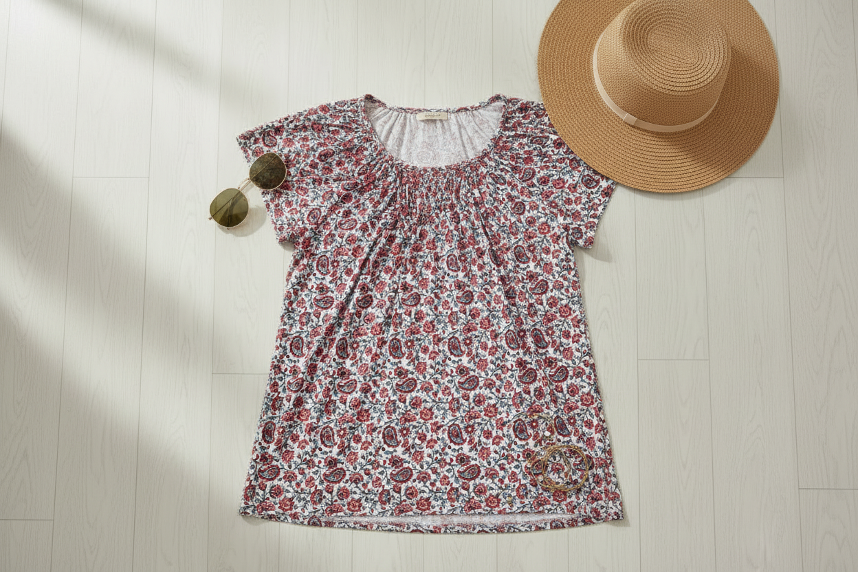 Style & Co Women’s Medium Floral Paisley Pleated Neck Short Sleeve Blouse Red Blue