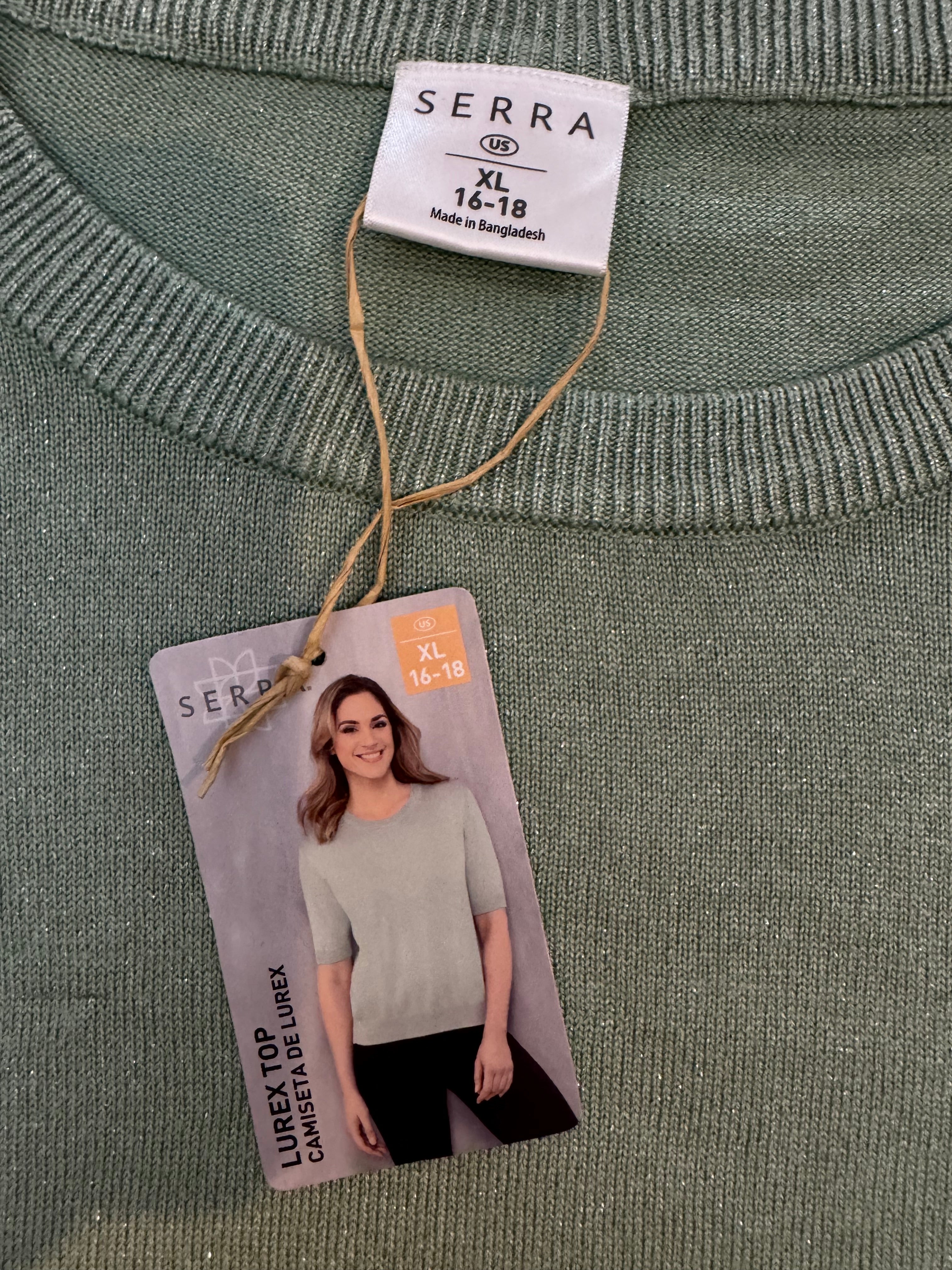 Serra Womens XL 16-18 Sage Green Shimmer Knit Sweater Top NWT Short Sleeve