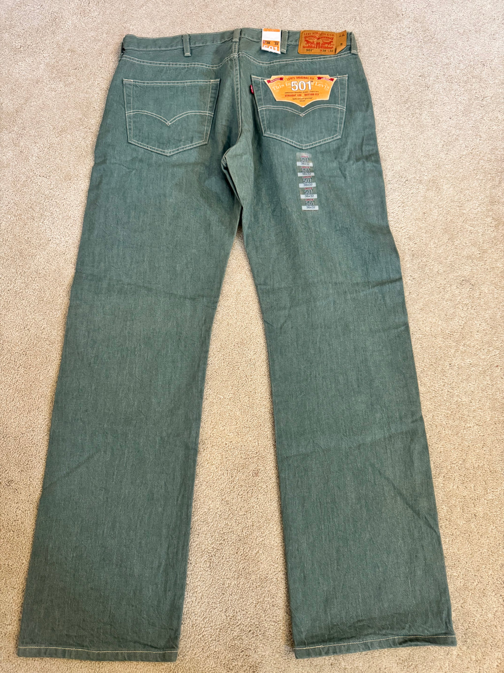 Levi’s 501 Original Fit Green Denim Jeans Button Fly W38 L32 NWT
