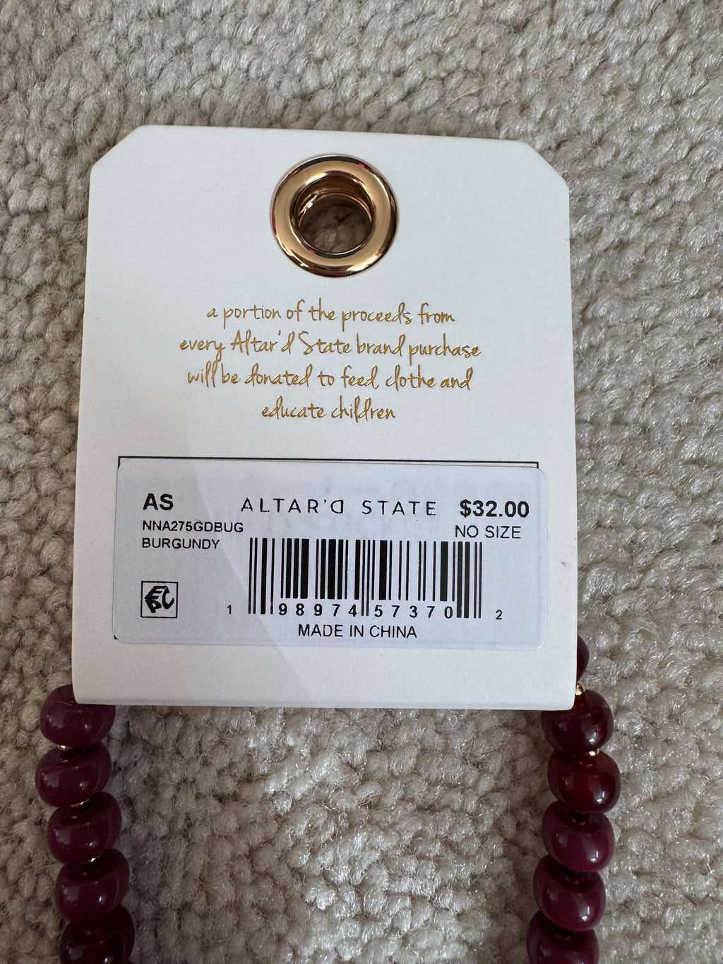 Altar’d State Burgundy Beaded Necklace Gold Heart Pendant NWT Boutique 16-18”