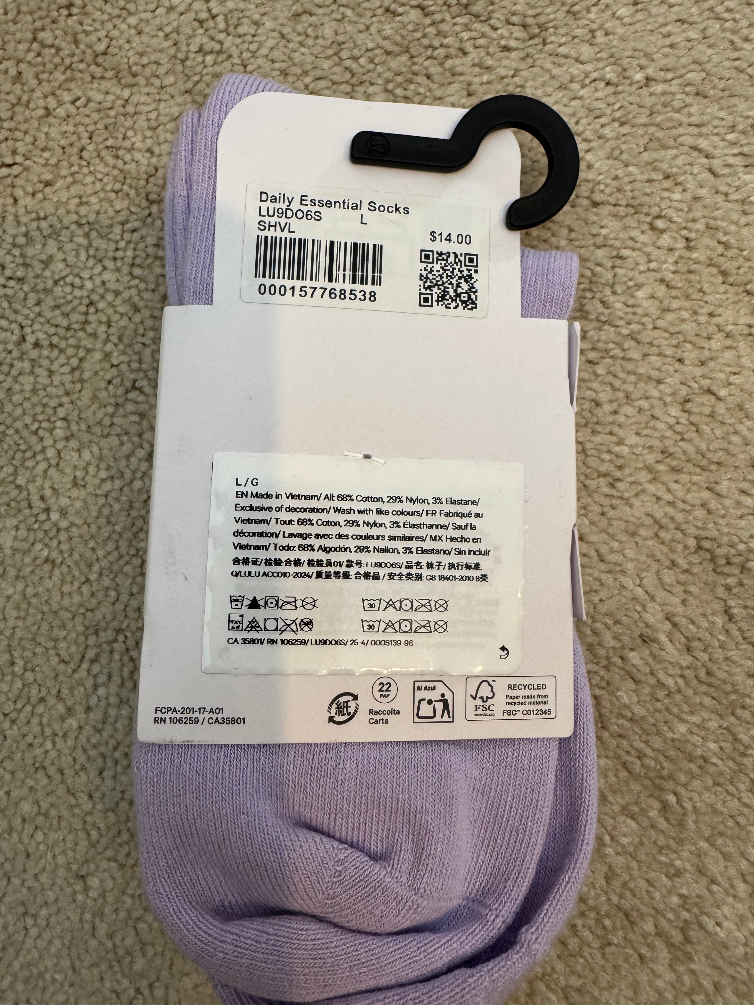 Lululemon Daily Essential Crew Socks L Lavender Rare NWT