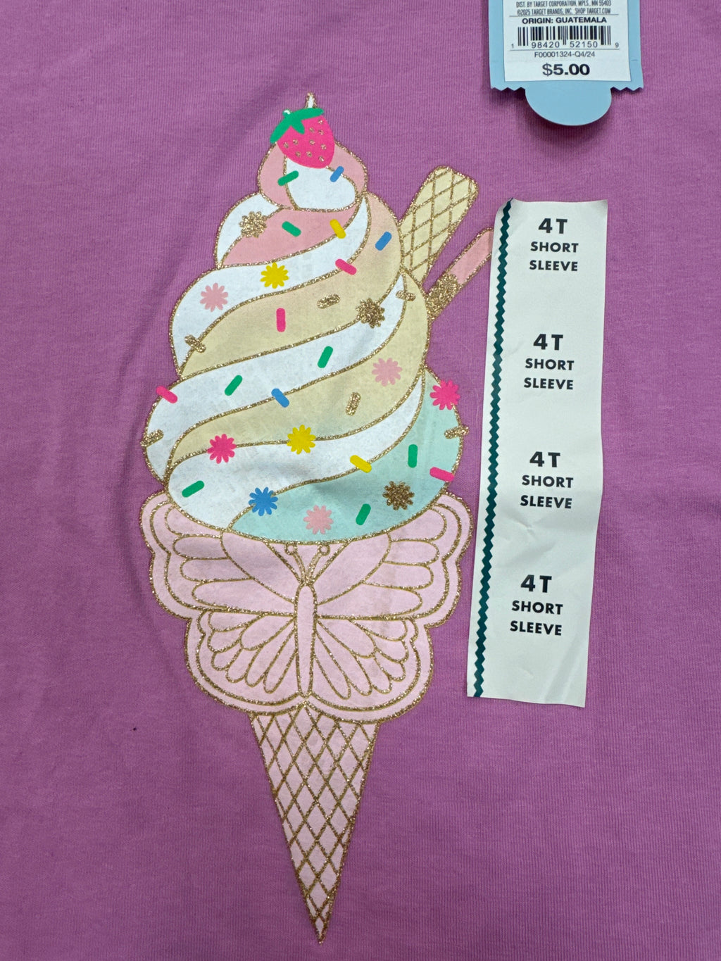 Cat & Jack Girls Ice Cream Graphic T-Shirt Pink 4T Short Sleeve Glitter Summer NWT