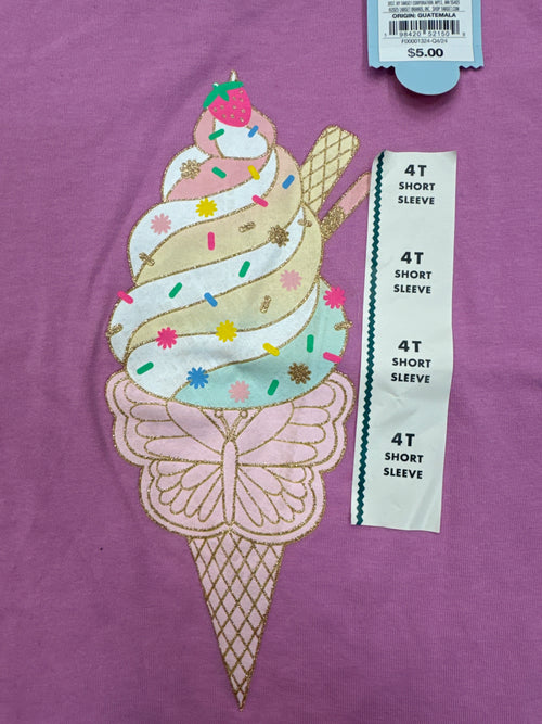 Cat & Jack Girls Ice Cream Graphic T-Shirt Pink 4T Short Sleeve Glitter Summer NWT