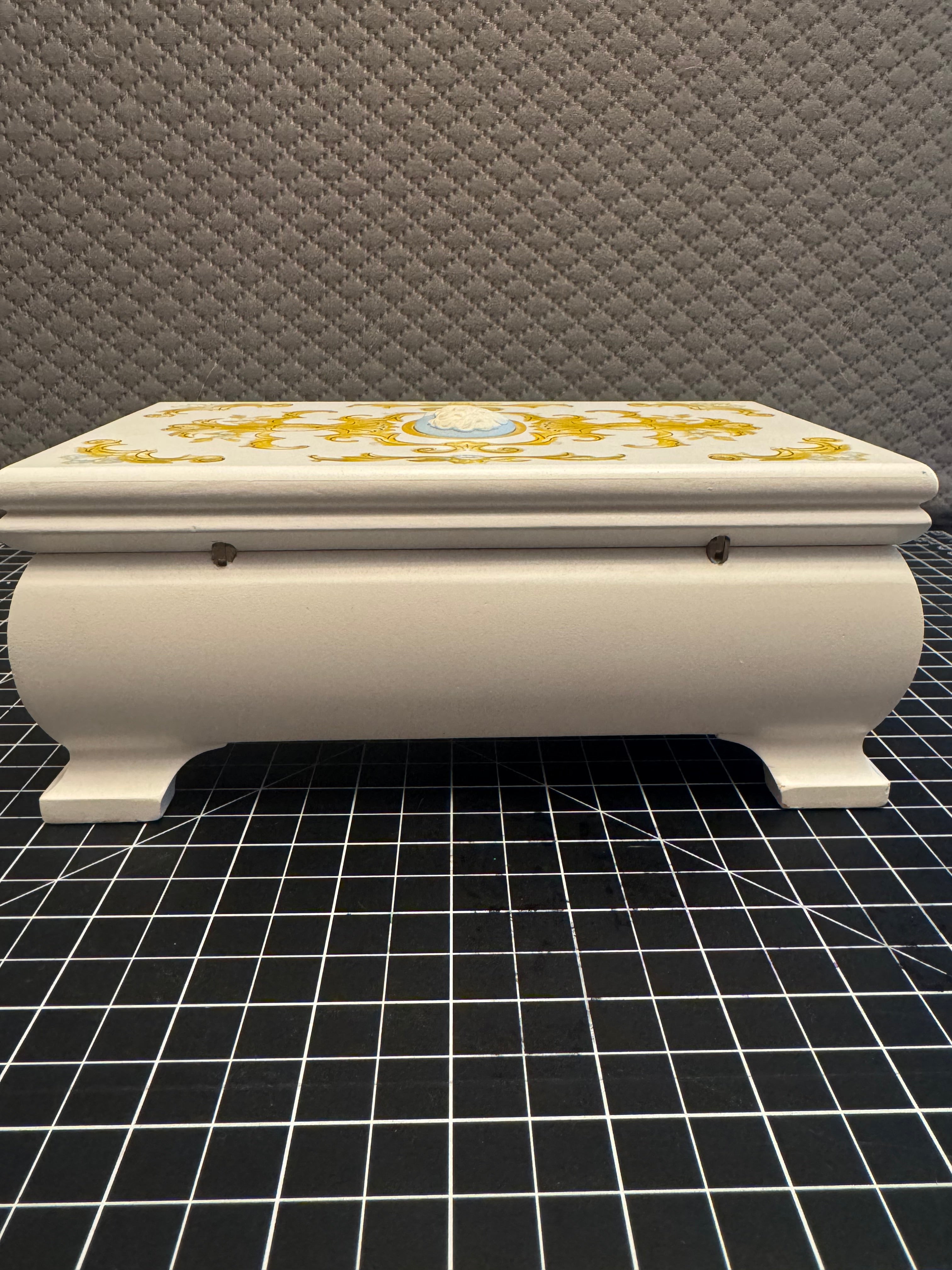 Vintage Style Jewelry Box w Mirror Drawer Cameo Lid Blue Velvet Storage