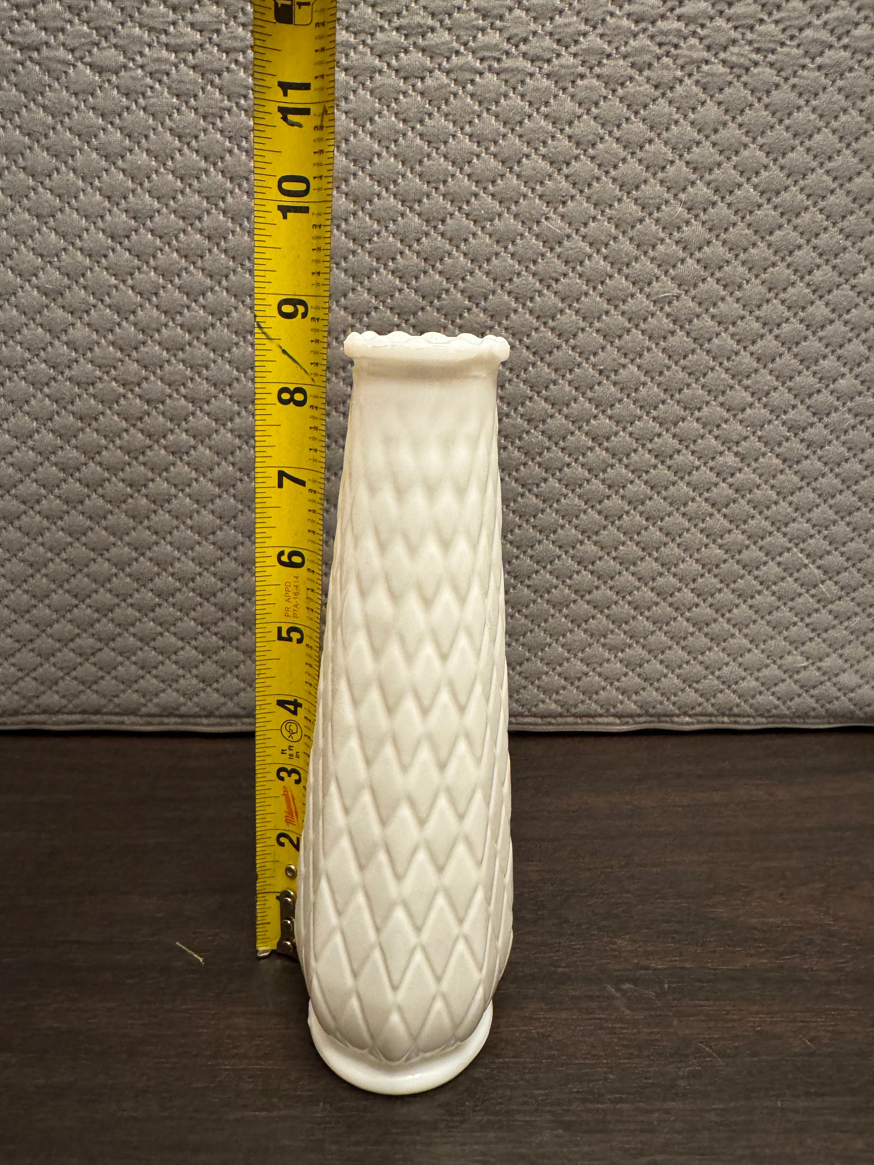 Vintage EO Brody Milk Glass Vase Diamond Quilt Tall Bud Vase White