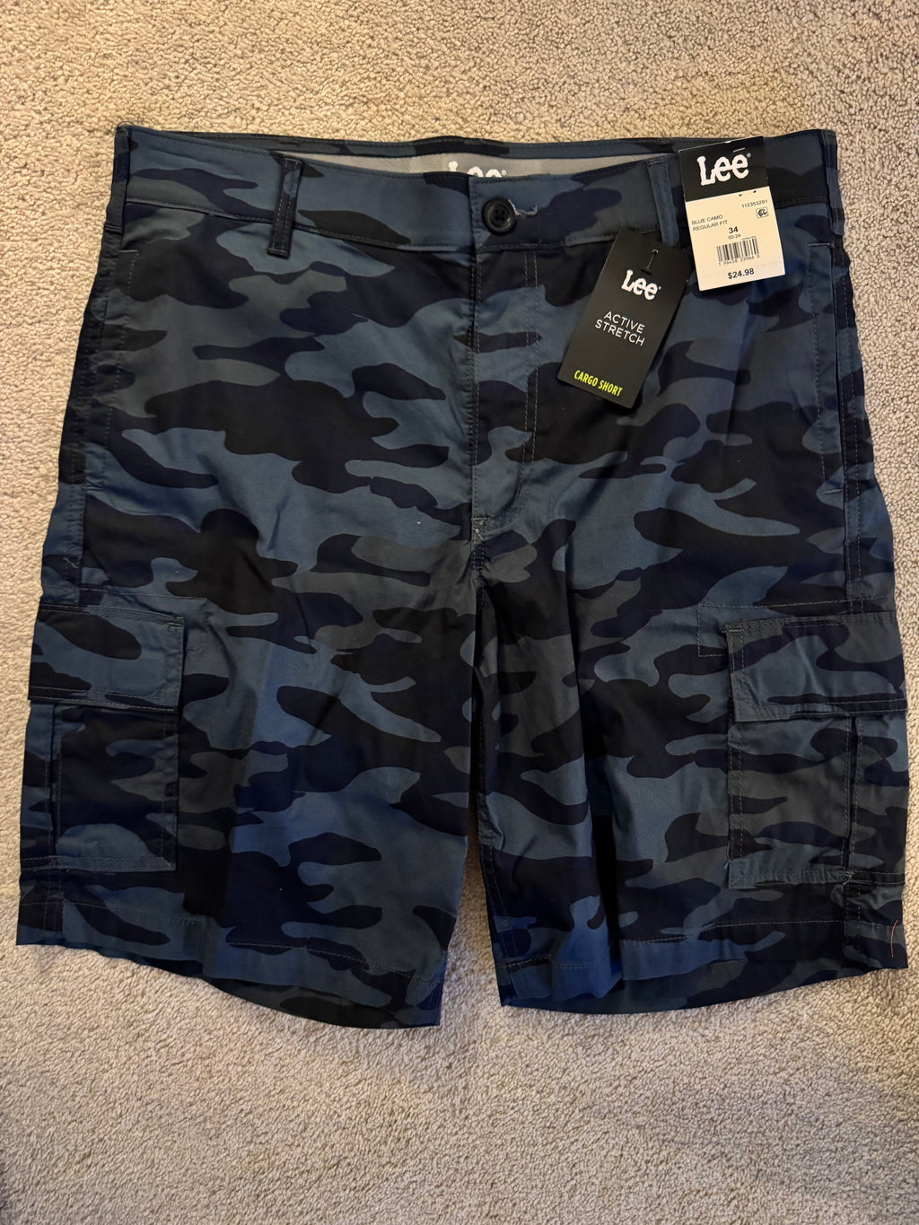 Lee Active Stretch Cargo Shorts Men’s 34 Blue Camo Regular Fit NWT