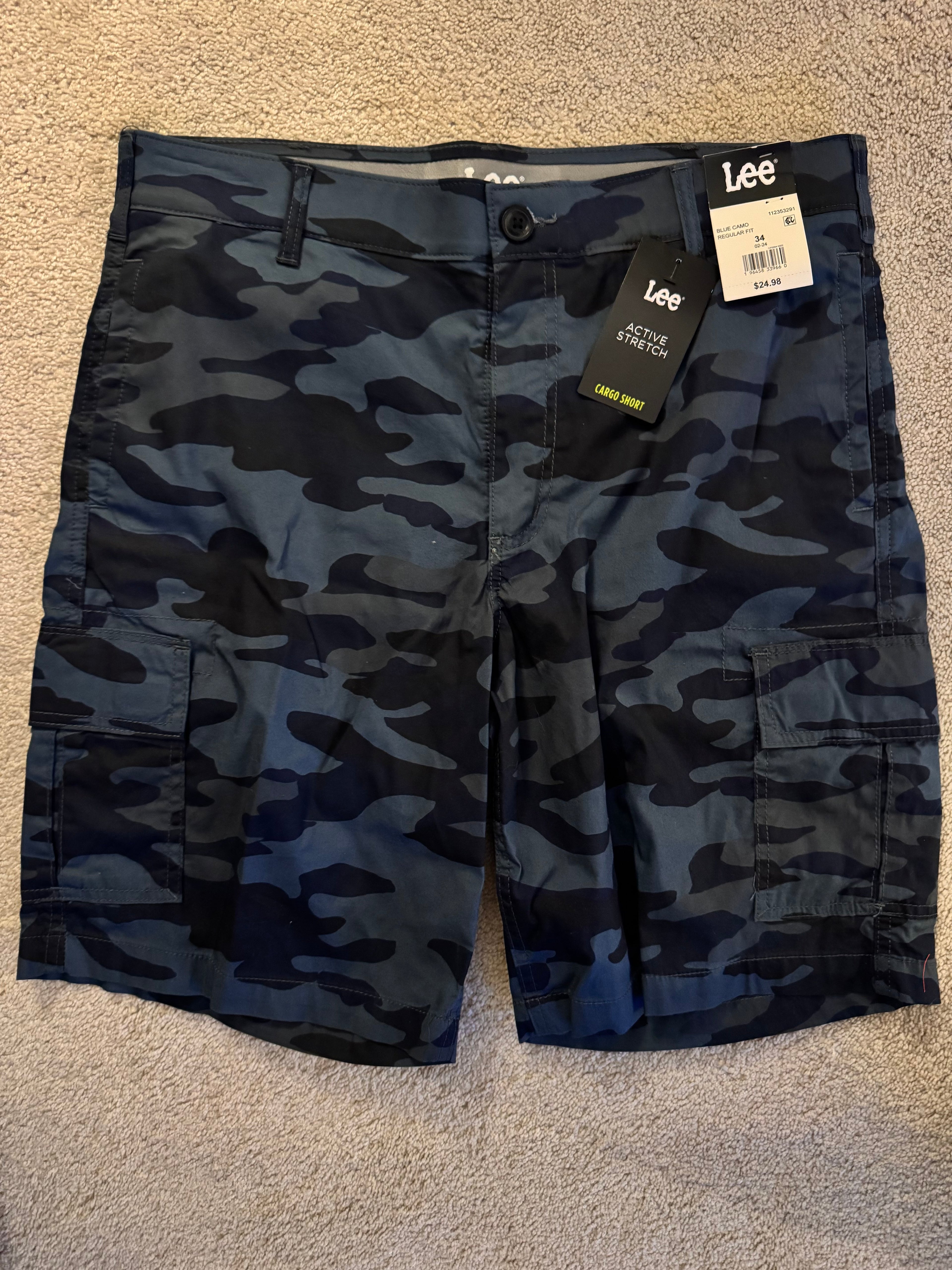 Lee Active Stretch Cargo Shorts Men’s 34 Blue Camo Regular Fit NWT