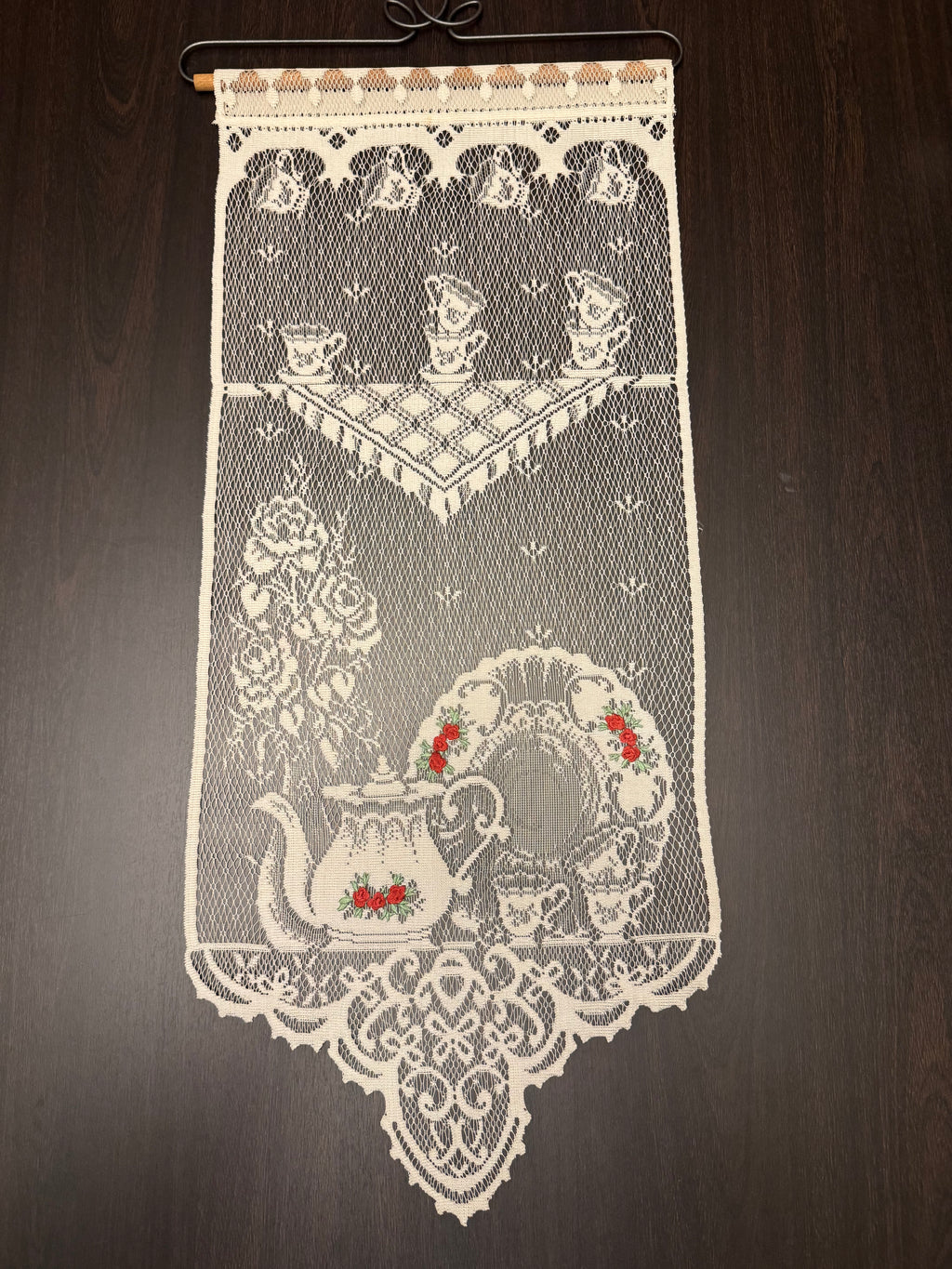 Vintage Lace Wall Hanging Curtain Panel Teapot Tea Cups Floral Cottagecore Kitchen Decor