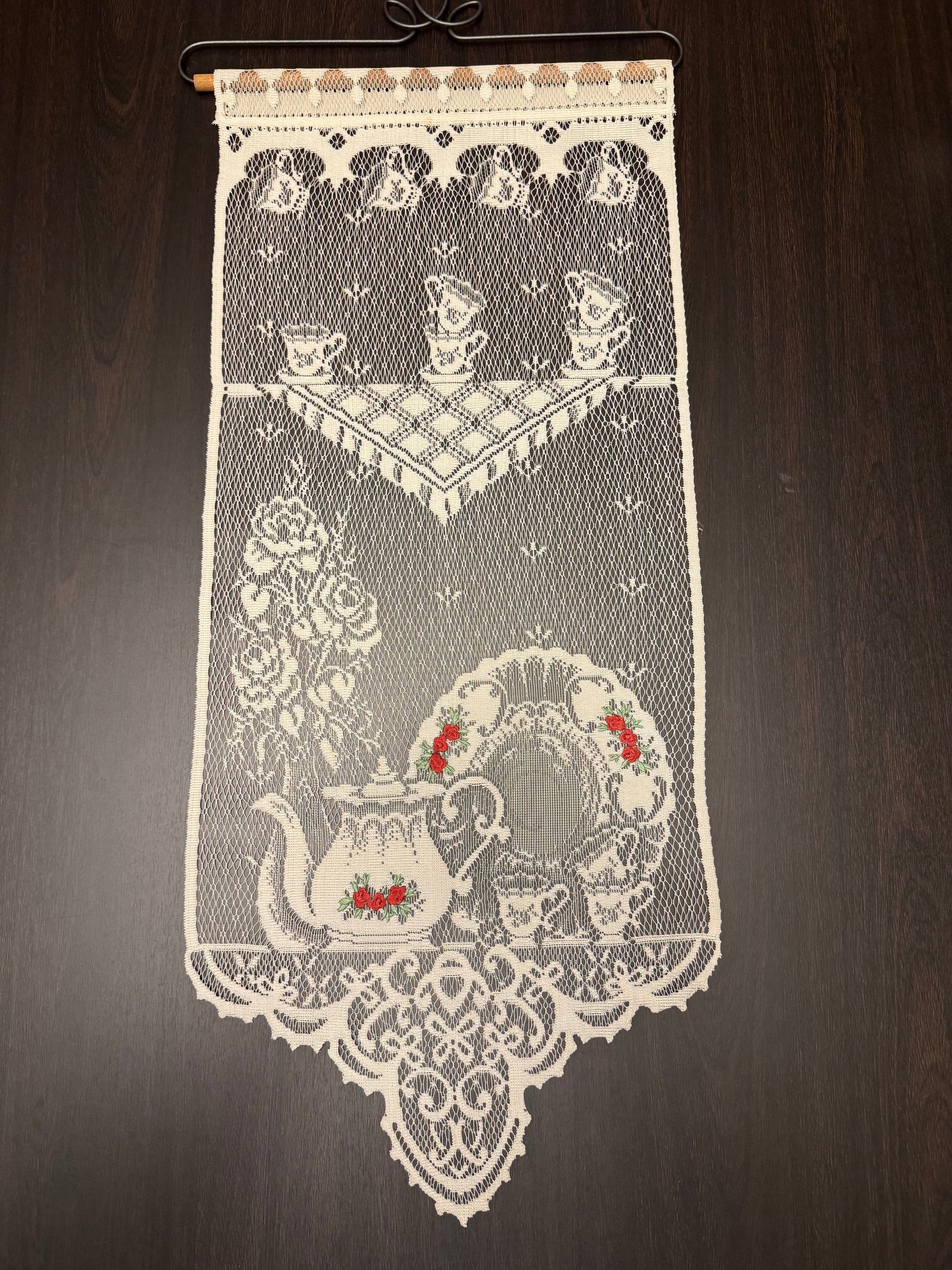 Vintage Lace Wall Hanging Curtain Panel Teapot Tea Cups Floral Cottagecore Kitchen Decor