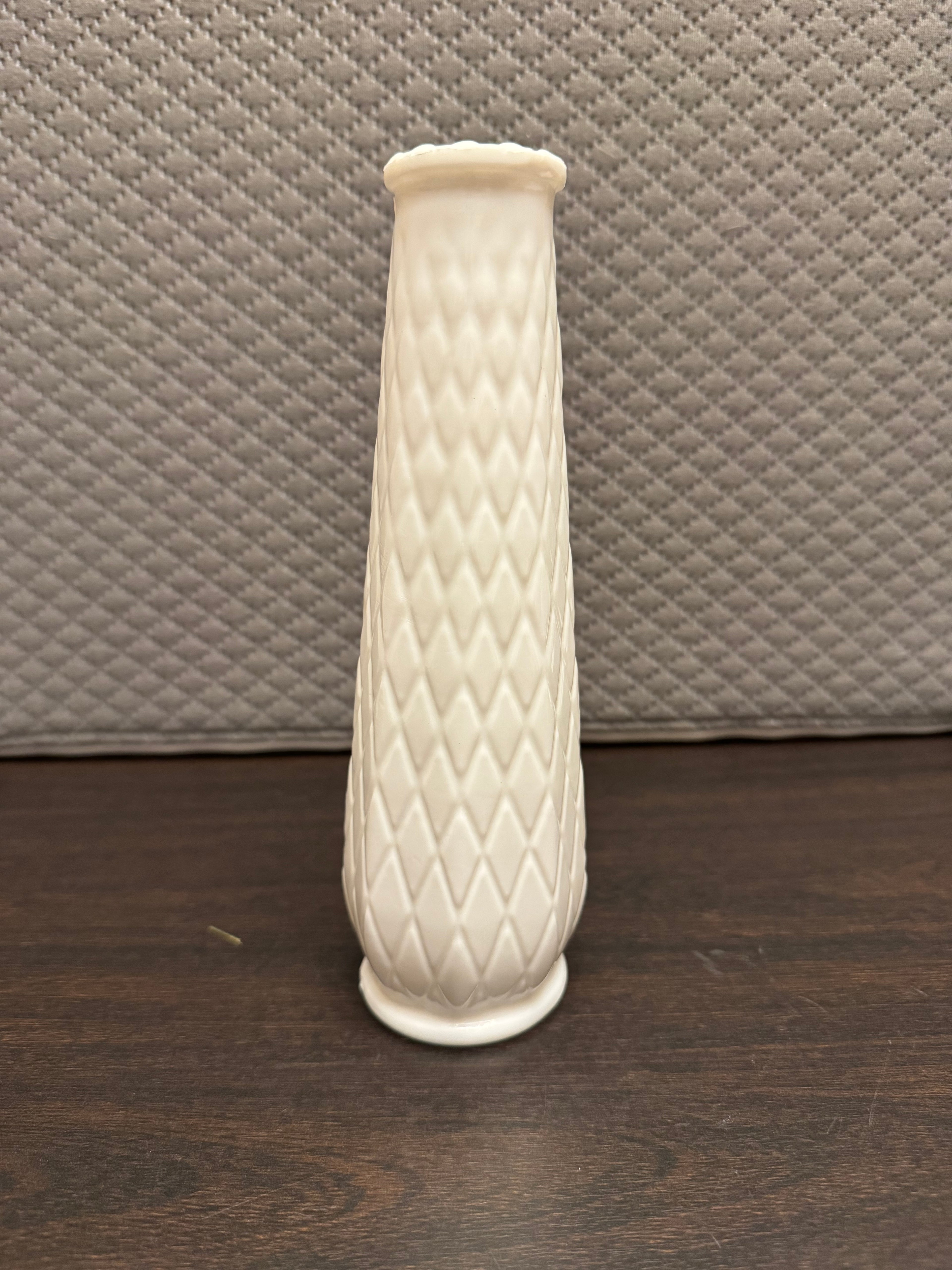 Vintage EO Brody Milk Glass Vase Diamond Quilt Tall Bud Vase White