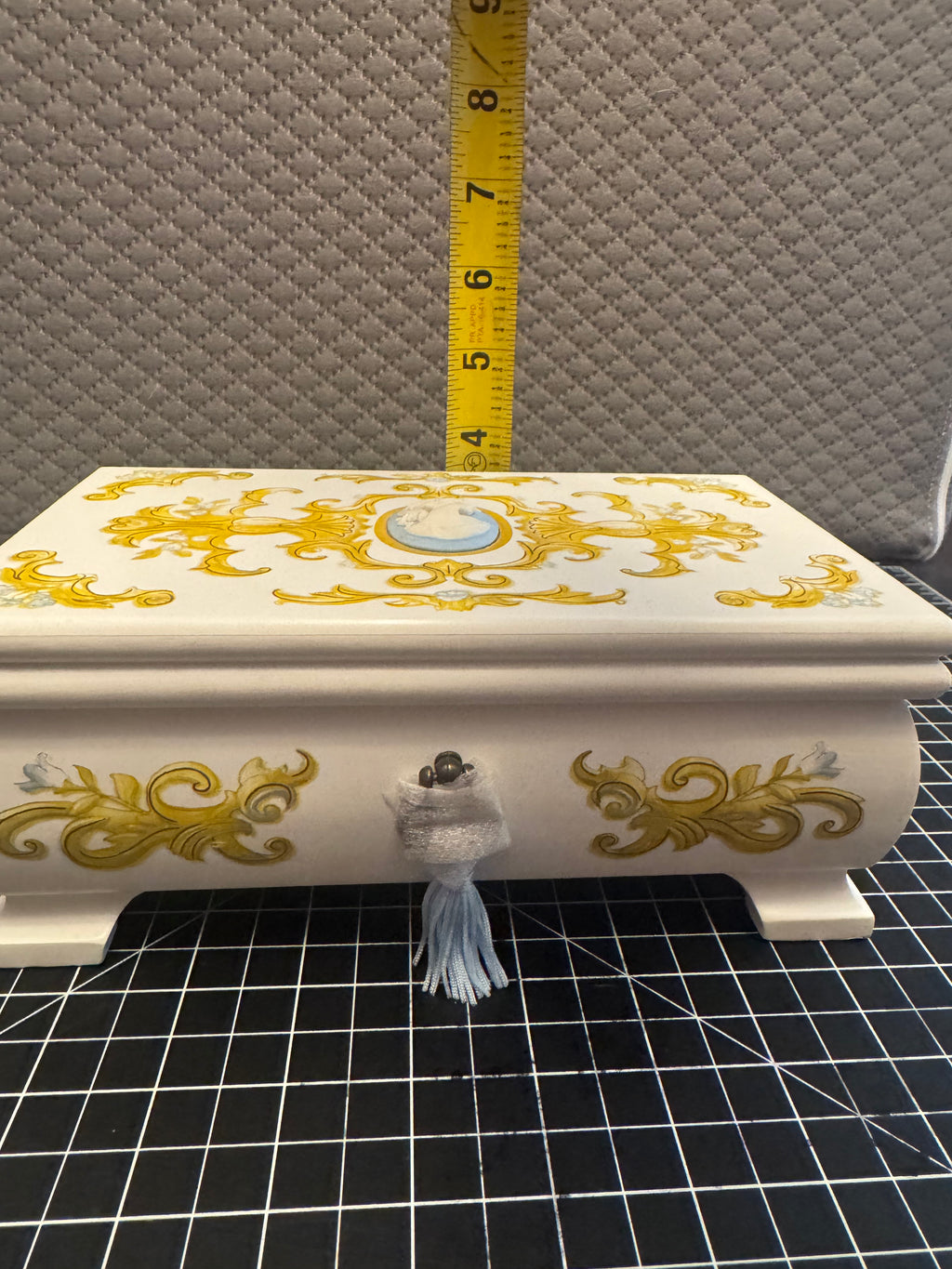 Vintage Style Jewelry Box w Mirror Drawer Cameo Lid Blue Velvet Storage