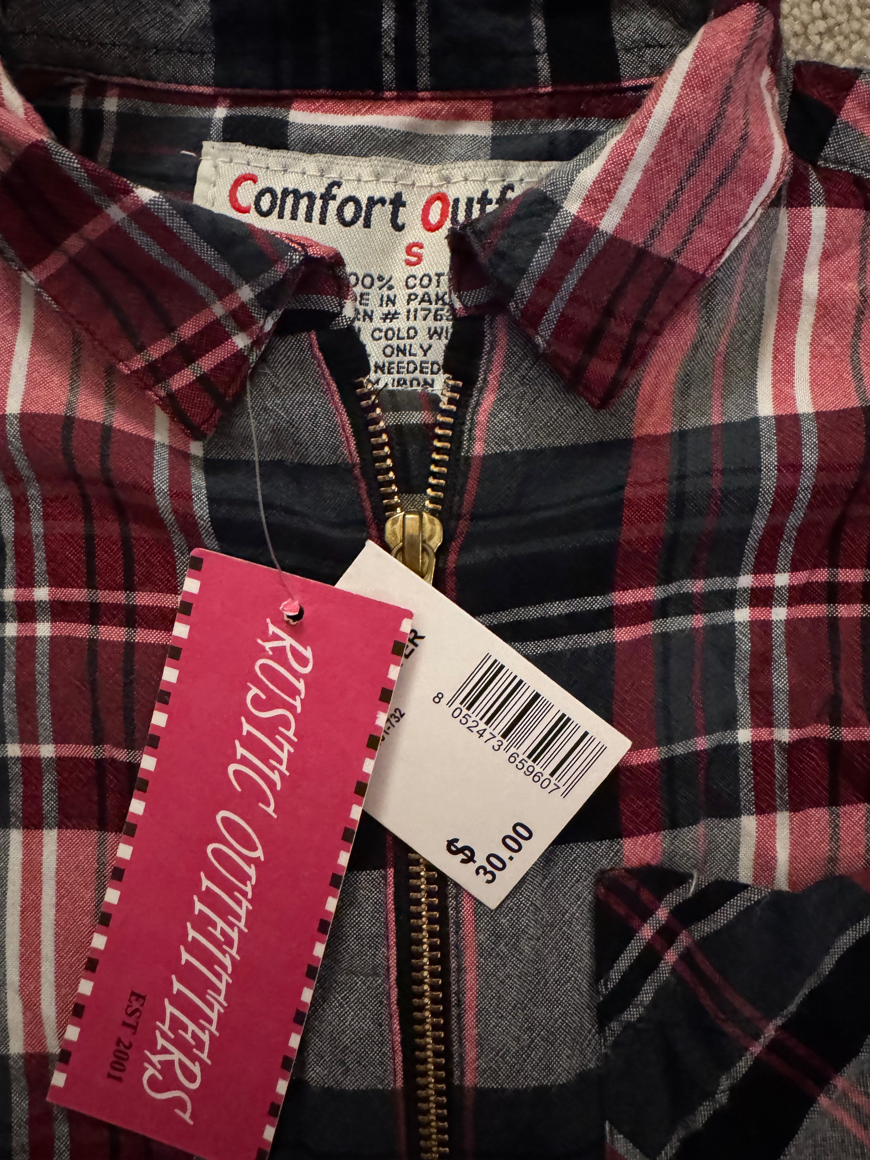 Comfort Outfitters Plaid Zip Front Shirt Jacket Women’s Small Red Navy Flannel NWT