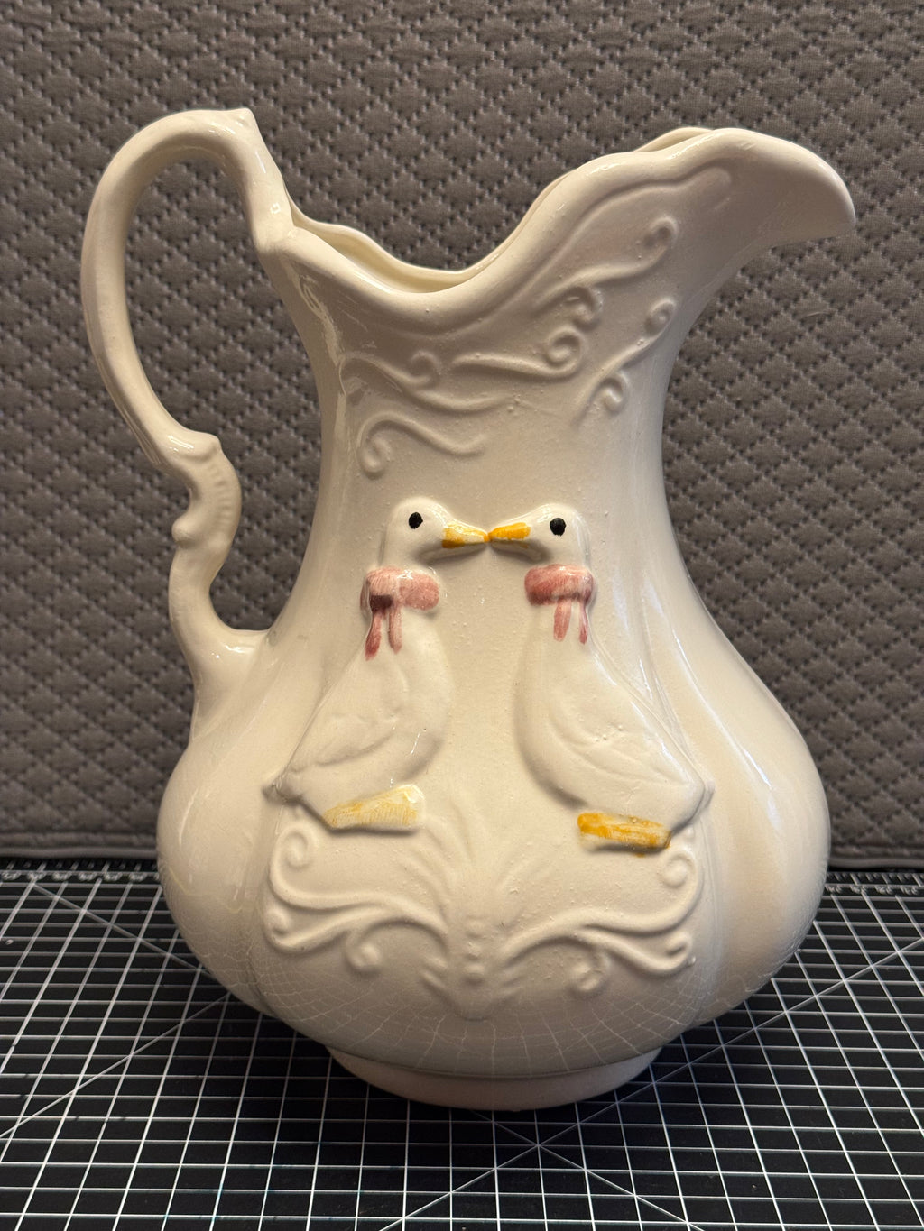 Vintage White Ceramic Bird Pitcher Farmhouse Cottage Milk Jug Vase
