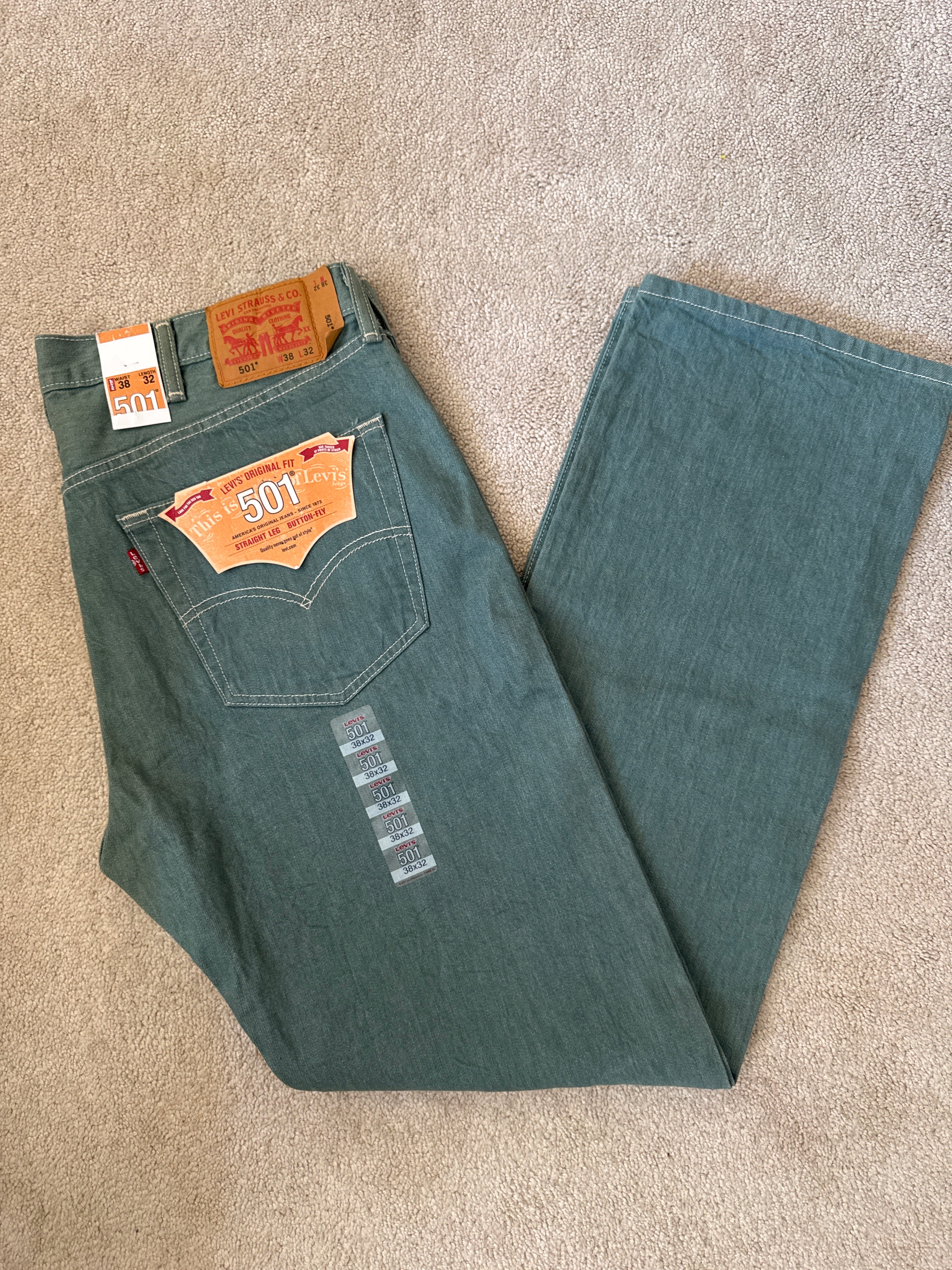 Levi’s 501 Original Fit Green Denim Jeans Button Fly W38 L32 NWT