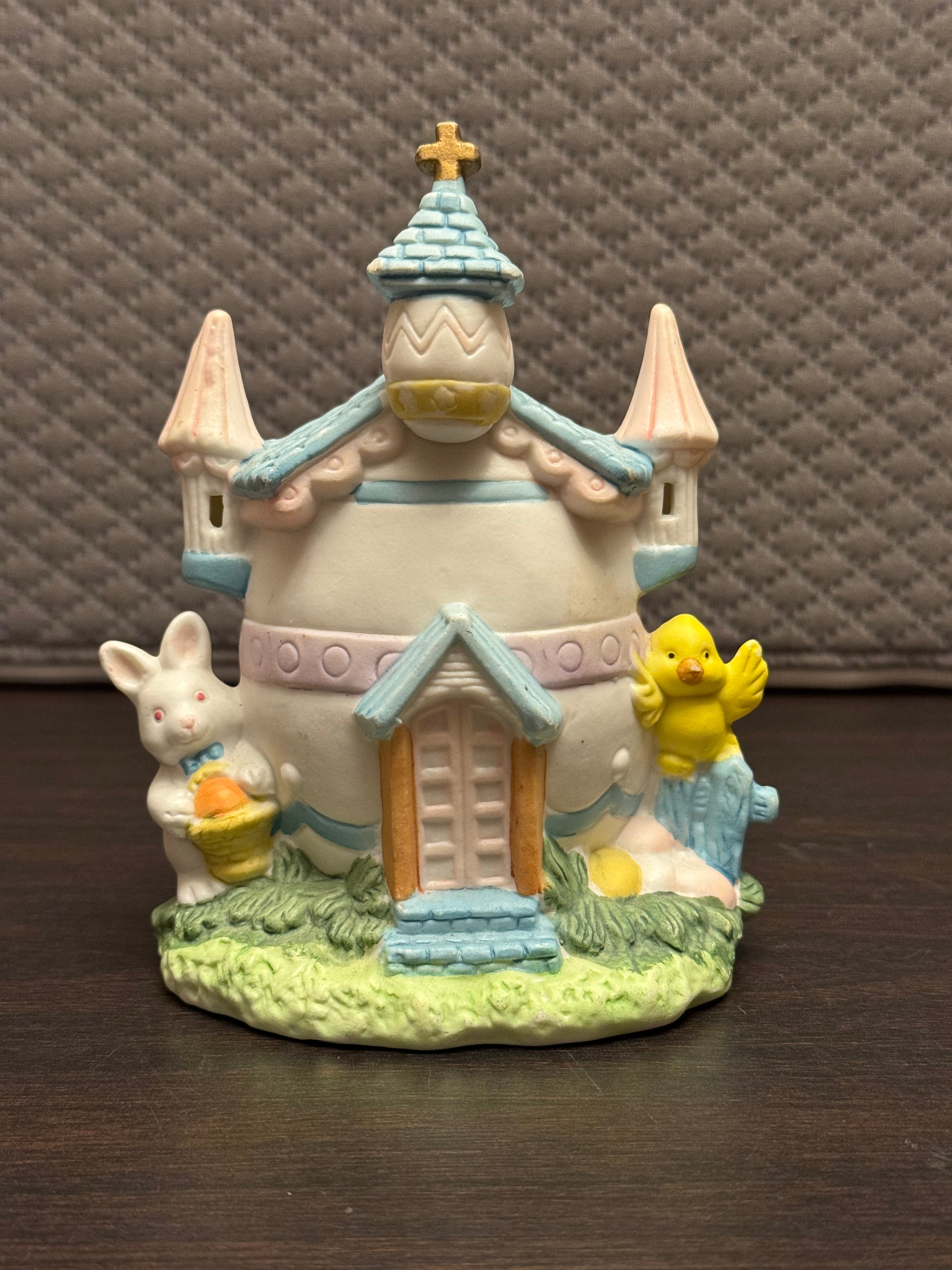 Vintage Easter Bunny Chick Egg House Tealight Holder Spring Cottage Decor