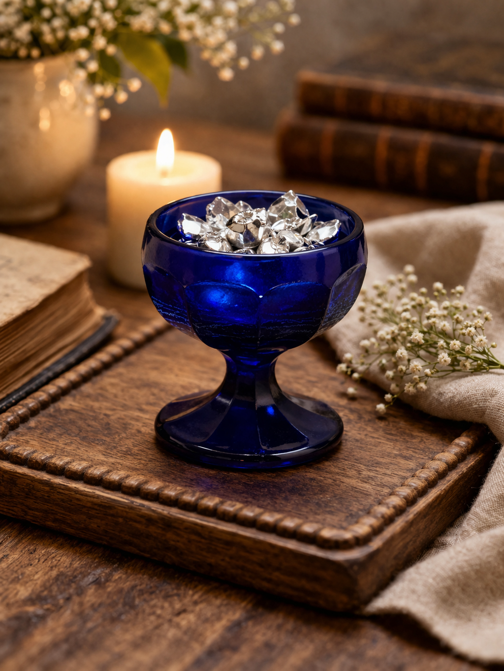 Vintage Cobalt Blue Glass Pedestal Bowl Vase 1969 Anchor Hocking Style