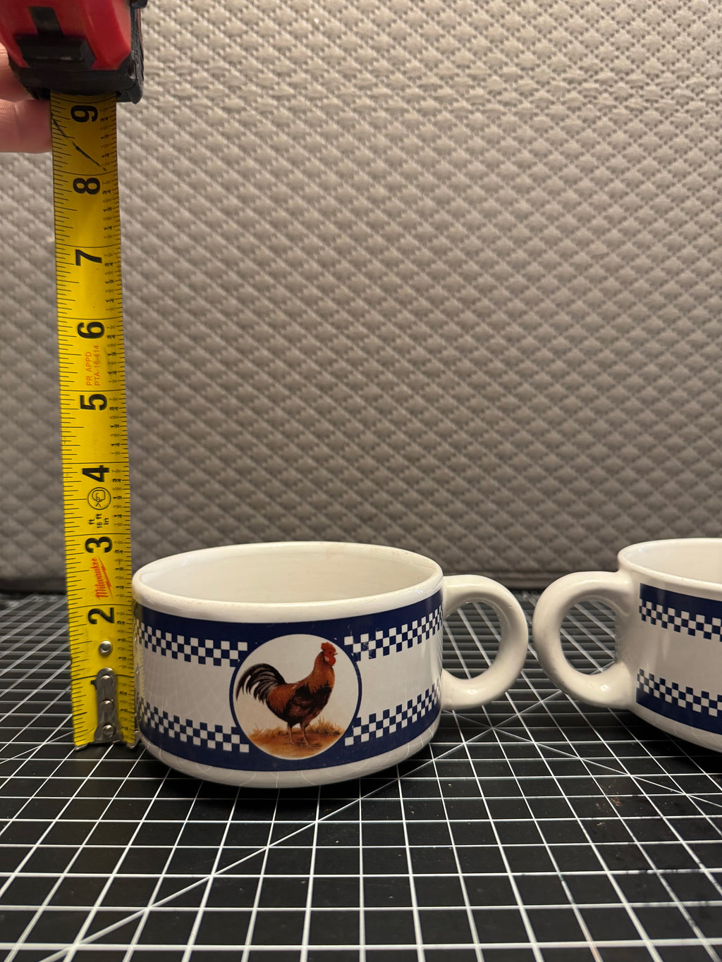 Set of 2 Houston Harvest Rooster Soup Bowls Mugs Blue Check Farmhouse Country
