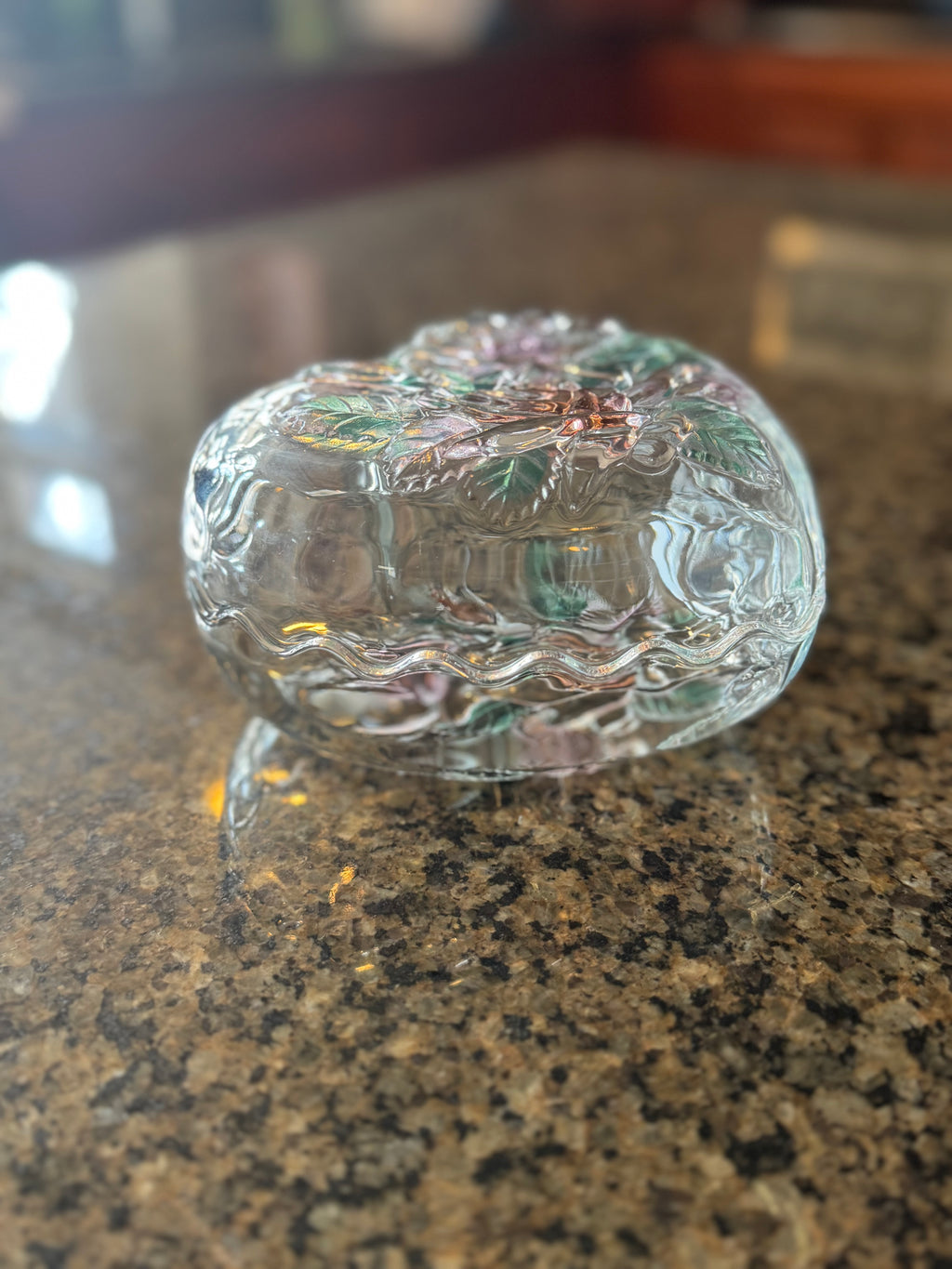 Vintage Home Beautiful Japan Heart Shaped Glass Trinket Box Floral Lid