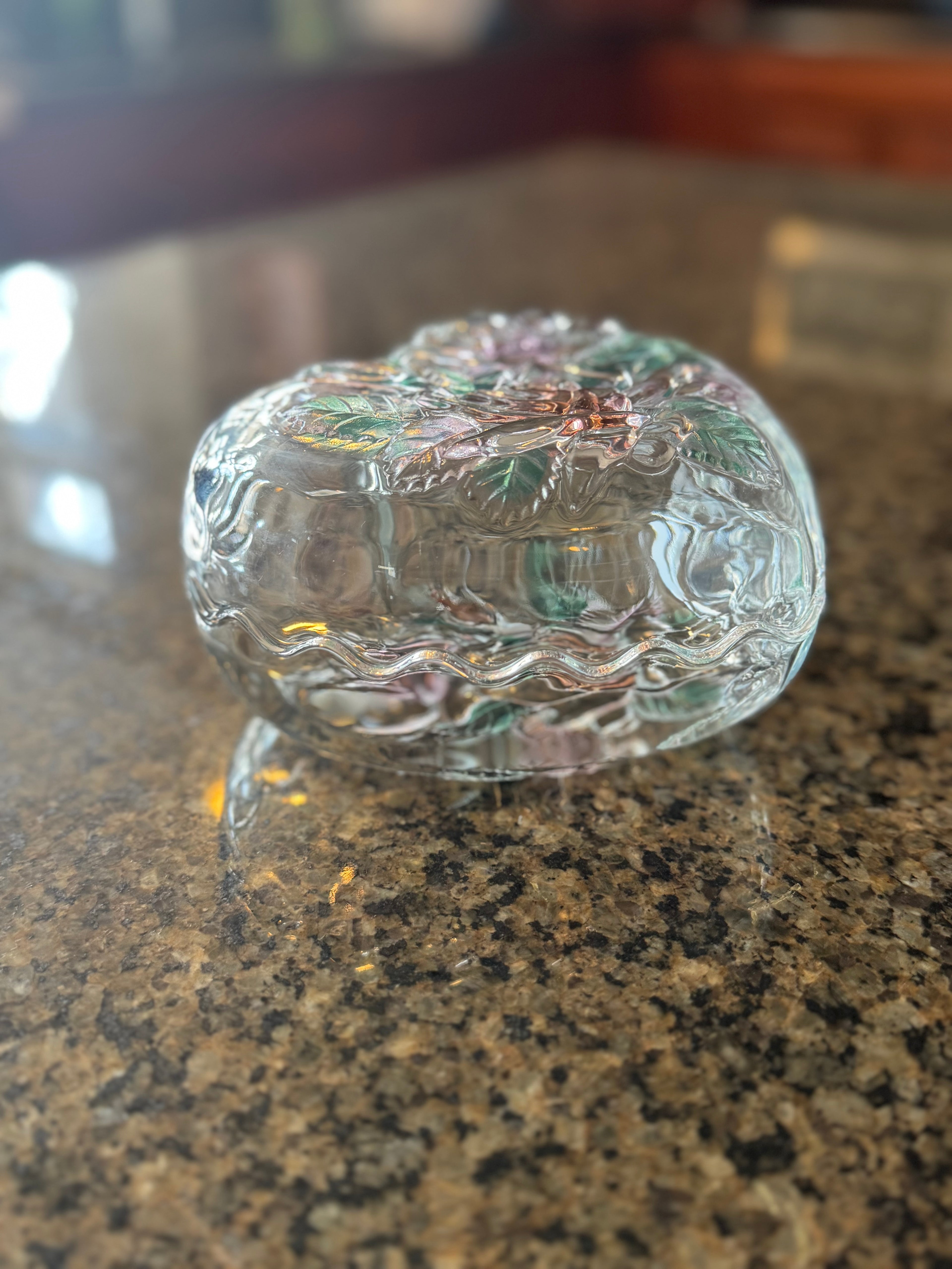 Vintage Home Beautiful Japan Heart Shaped Glass Trinket Box Floral Lid
