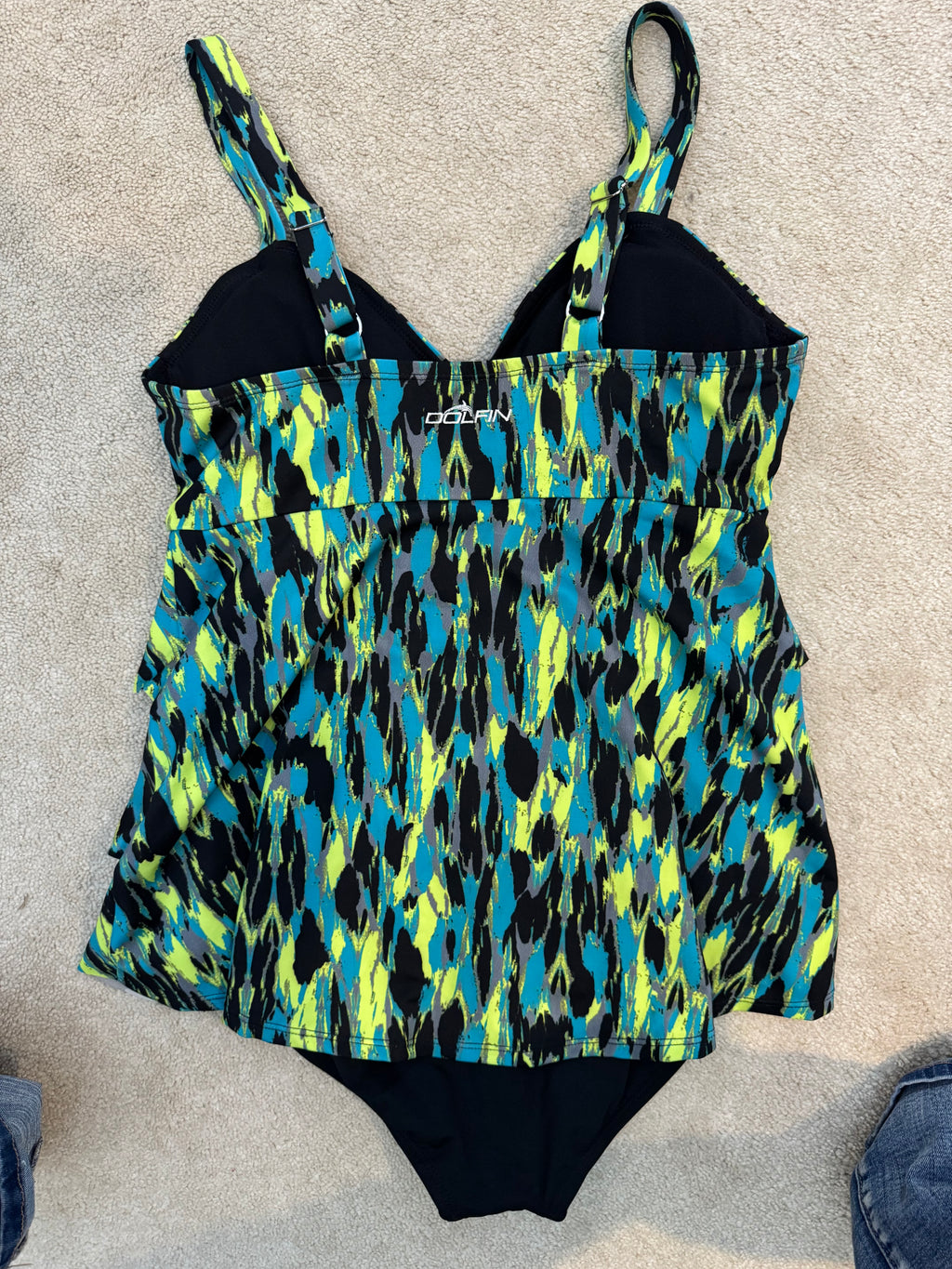 Dolfin Aquashape 40/14 One Piece Swimdress Teal Lime Black Tiered Ruffle Tummy Control