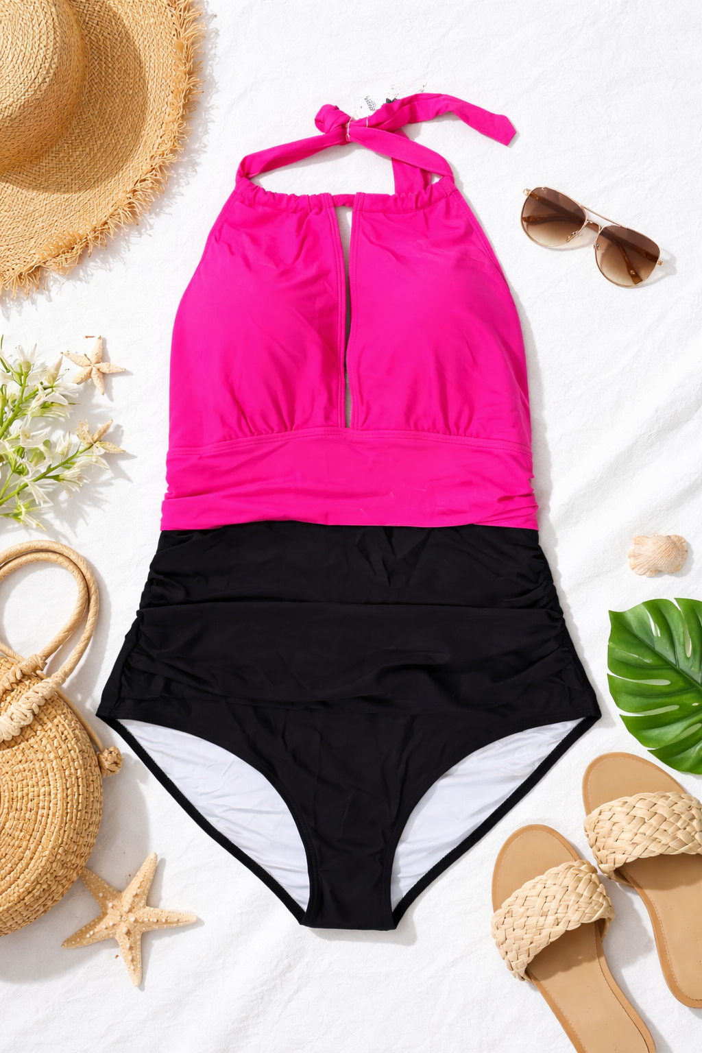 B2Prity Pink Black Halter One Piece Swimsuit XL Tummy Control