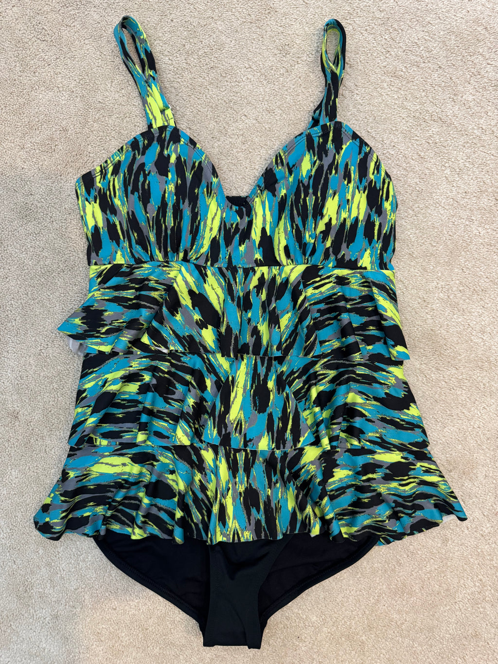 Dolfin Aquashape 40/14 One Piece Swimdress Teal Lime Black Tiered Ruffle Tummy Control
